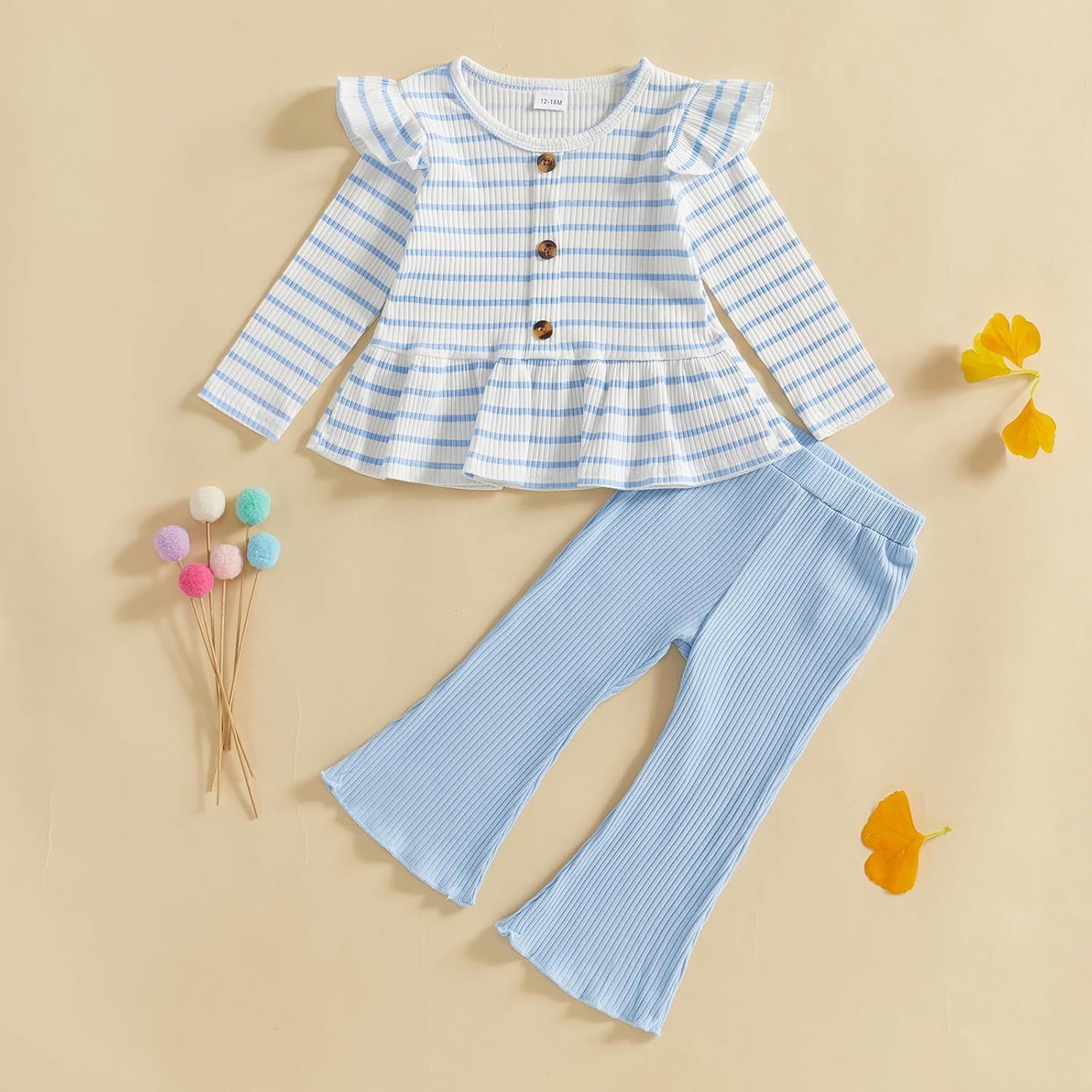 Mubineo Toddler Baby Girl Clothes Cute Ribbed Outfits Knit Long Sleeve Shirt Tops Bell Bottom Pant Fall Winter Outfit - Image 3