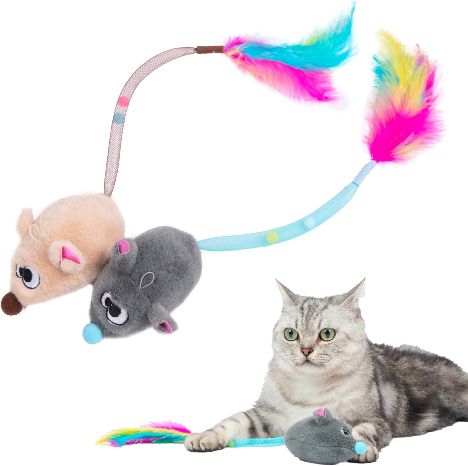 Catify by Best Pet Supplies Interactive Cat Toys – Plush, Motion-Activated & Squeaking Toys with Premium North American Catnip for Indoor Cats & Kittens – Squeaking Mice Set, Beige & Gray