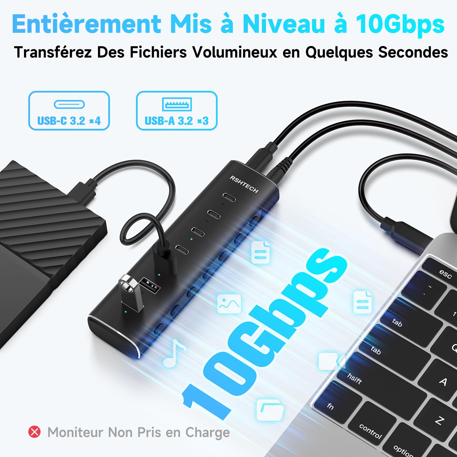RSHTECH 36W USB C Hub Alimenté 7 Ports (4C+3A) Aluminium USB-C 3.2 10Gbps avec Adaptateur Secteur 12V/3A