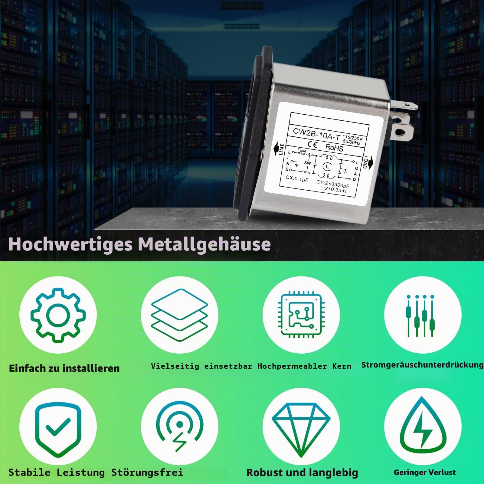 Jadeshay Netzfilter, CW2B-10A-T EMI Filter 10A Einphasiger Netzfilter Steckdose Elektromagnetische Interferenzfilter 50/60 Hz AC 115V/250V