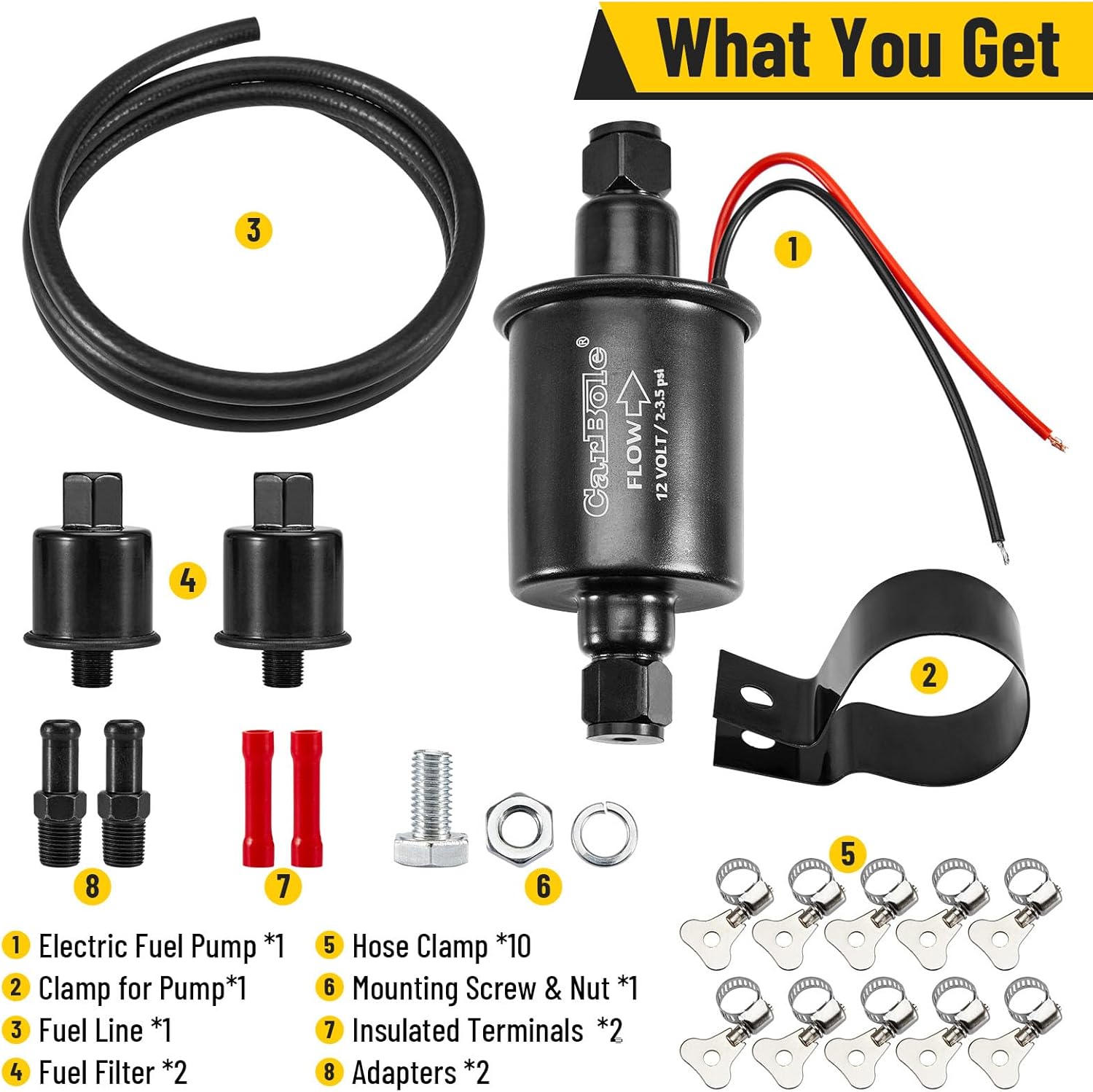 CarBole 12V Electric 2-3.5 PSI Fuel Pump with 5/16" ID Fuel Line Filter Kit Universal for Gas Gasoline Diesel
