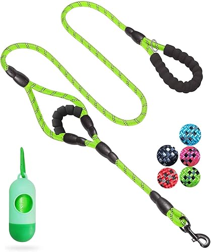 JSXD Correa resistente de doble asa para perro, de 5 pies, con cómoda cuerda acolchada y reflectante para perros pequeños, medianos y grandes (verde