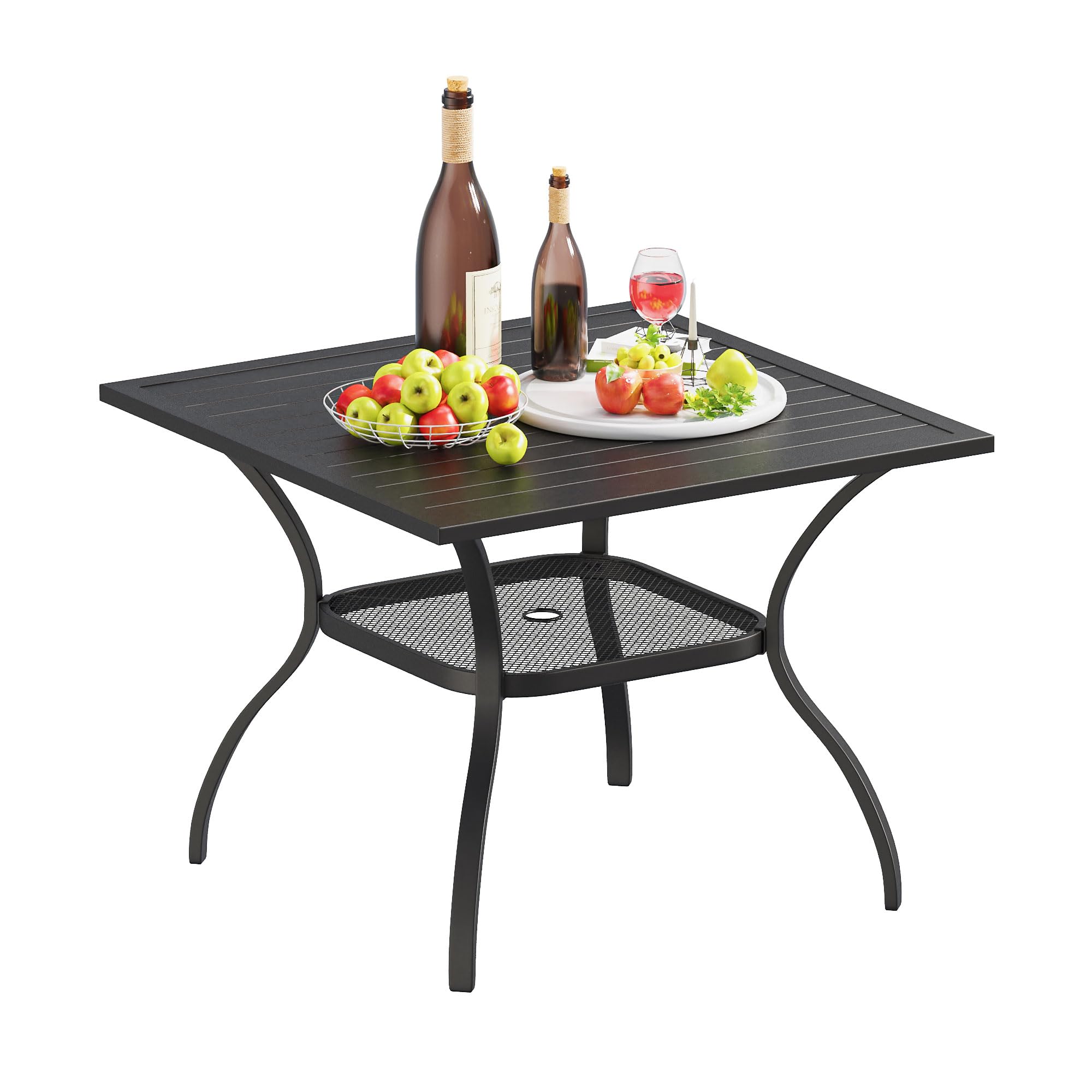 VICLLAX Outdoor Patio Dining Table for 4, Square Patio Table with Umbrella Hole for Patio Lawn Deck Backyard, Black Tabletop