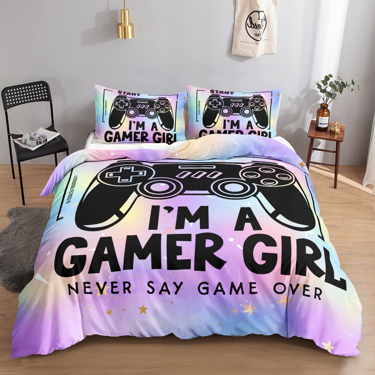 HOSIMA Gamer Duvet Cover Bedding Set for Girls Cartoon Game Console Pattern Video Game Themed Gamepad Colorful Print Comforter Cover with 2 Pillowcases (Double)