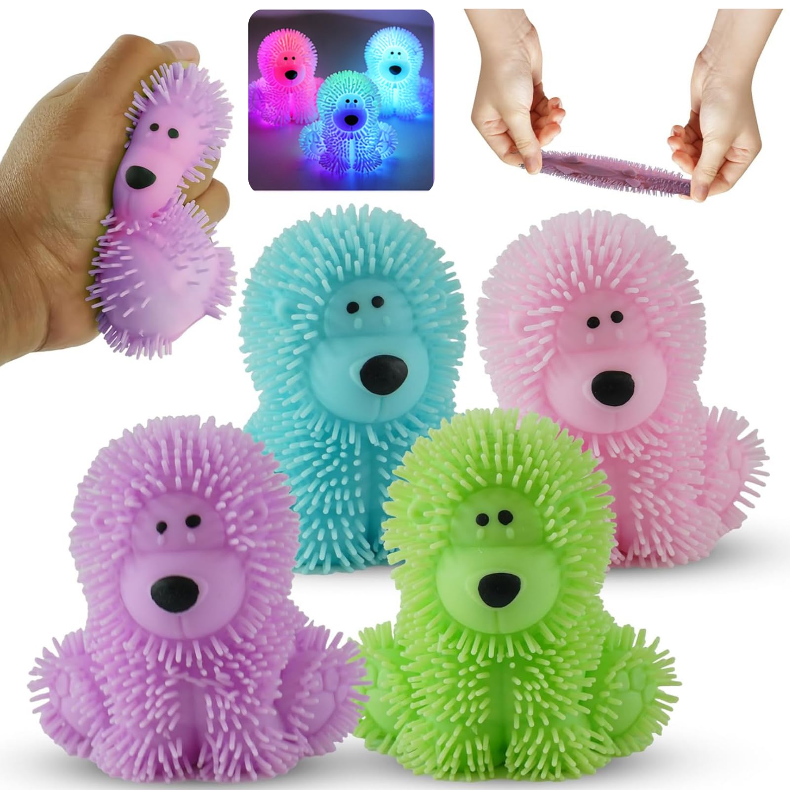 Light up Poochie Poodle Squishy Toys 4Pcs, Kids Stress Relief Jiggly Dog Puffer Balls, Sensory Fidget Toys for Boys Girls, Party Bag Fillers, Stretchy Anxiety Relief Gifts — image 1