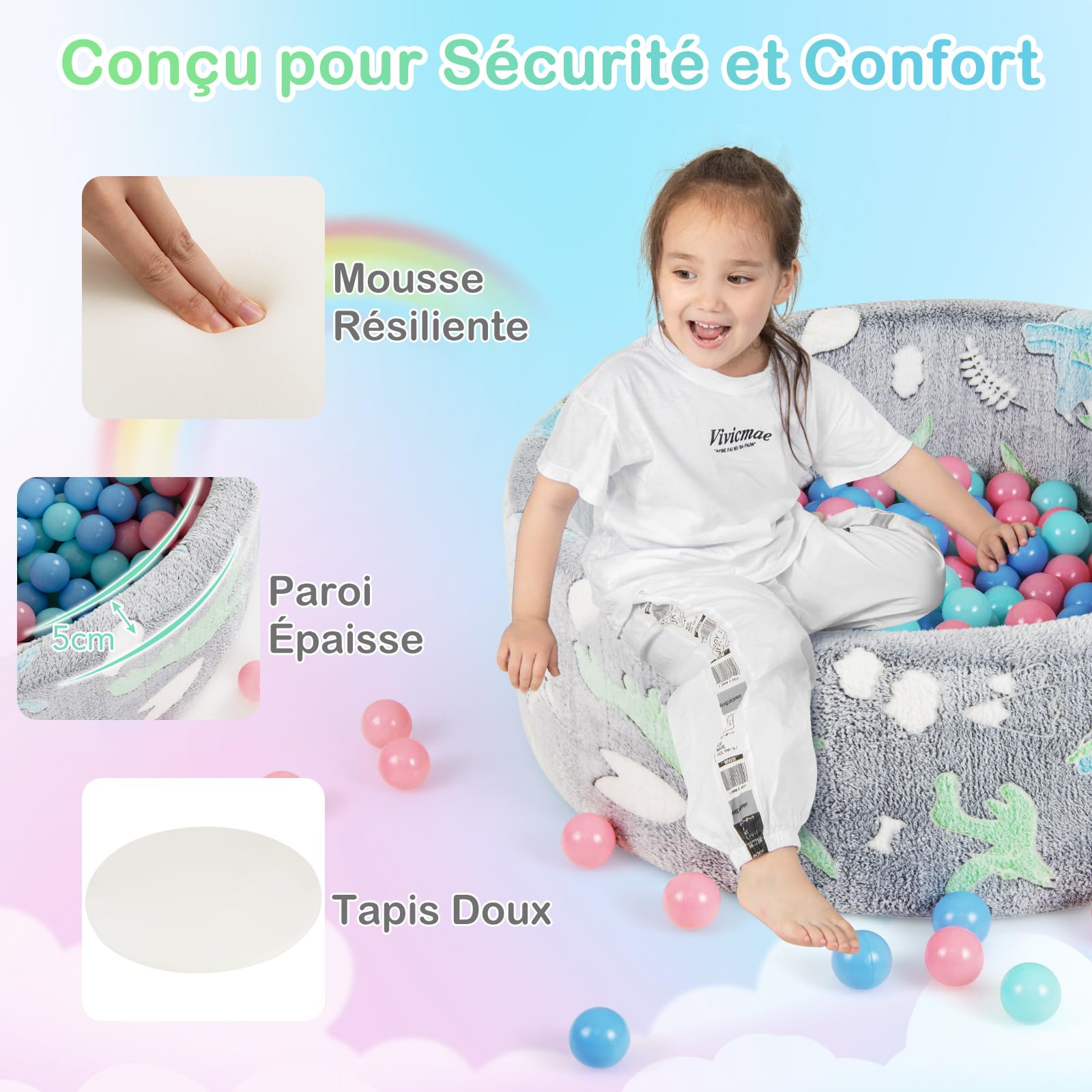 COSTWAY Piscine à Balles Phosphorescente en Mousse Enfant 86x30cm avec 200 Balles Océaniques, Fosses à Balles Ronde Bébé avec Motif Dinosaure & Tissu en Flanelle, Gris