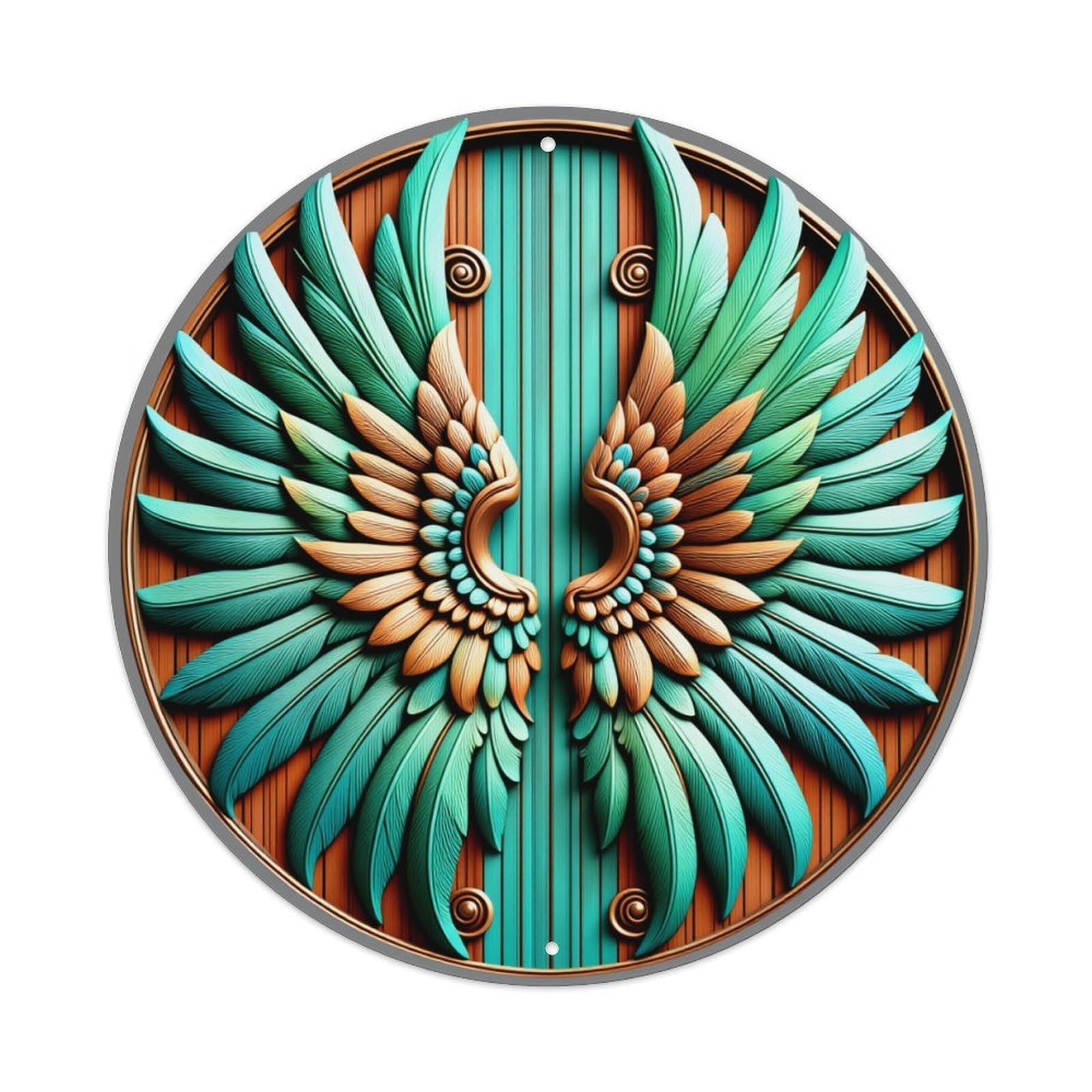 Feathered Wings Symmetrical Design Pattern Round Tin Sign Vintage Metal Poster, Home Bar Garage Man Cave Cafe Indoor & Outdoor Wall Decoration 8x8Inches