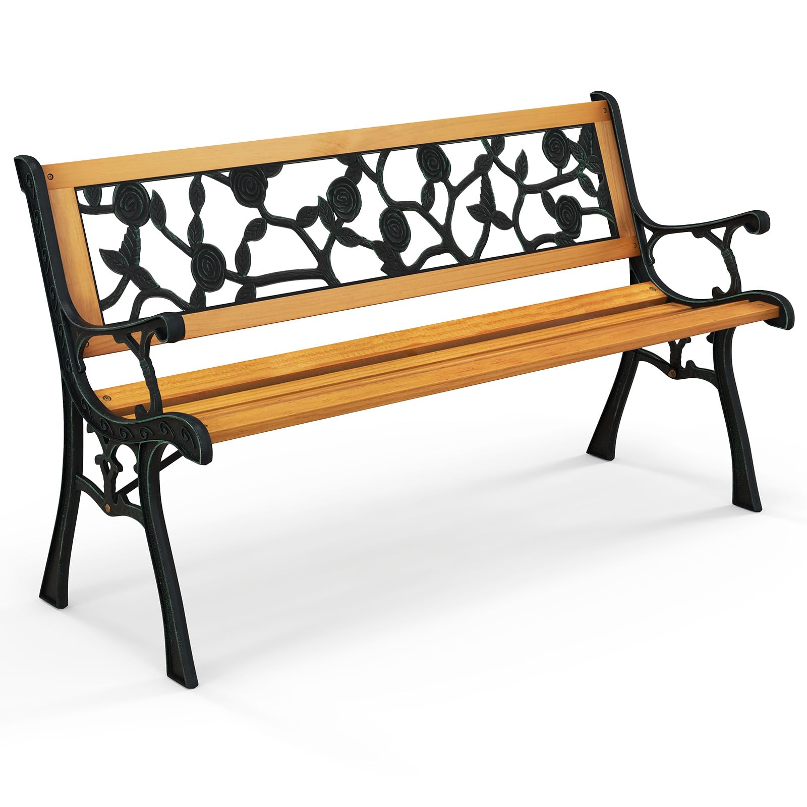 GOPLUS Banco Jardín Exterior de 3 Plazas, Banco de Madera de Pino con Estructura Metálica, Reposabrazos, Respaldo Decorativo, Asiento Listonado para Jardín Parque Patio (Estilo 1, 126 x 52 x 74 cm)