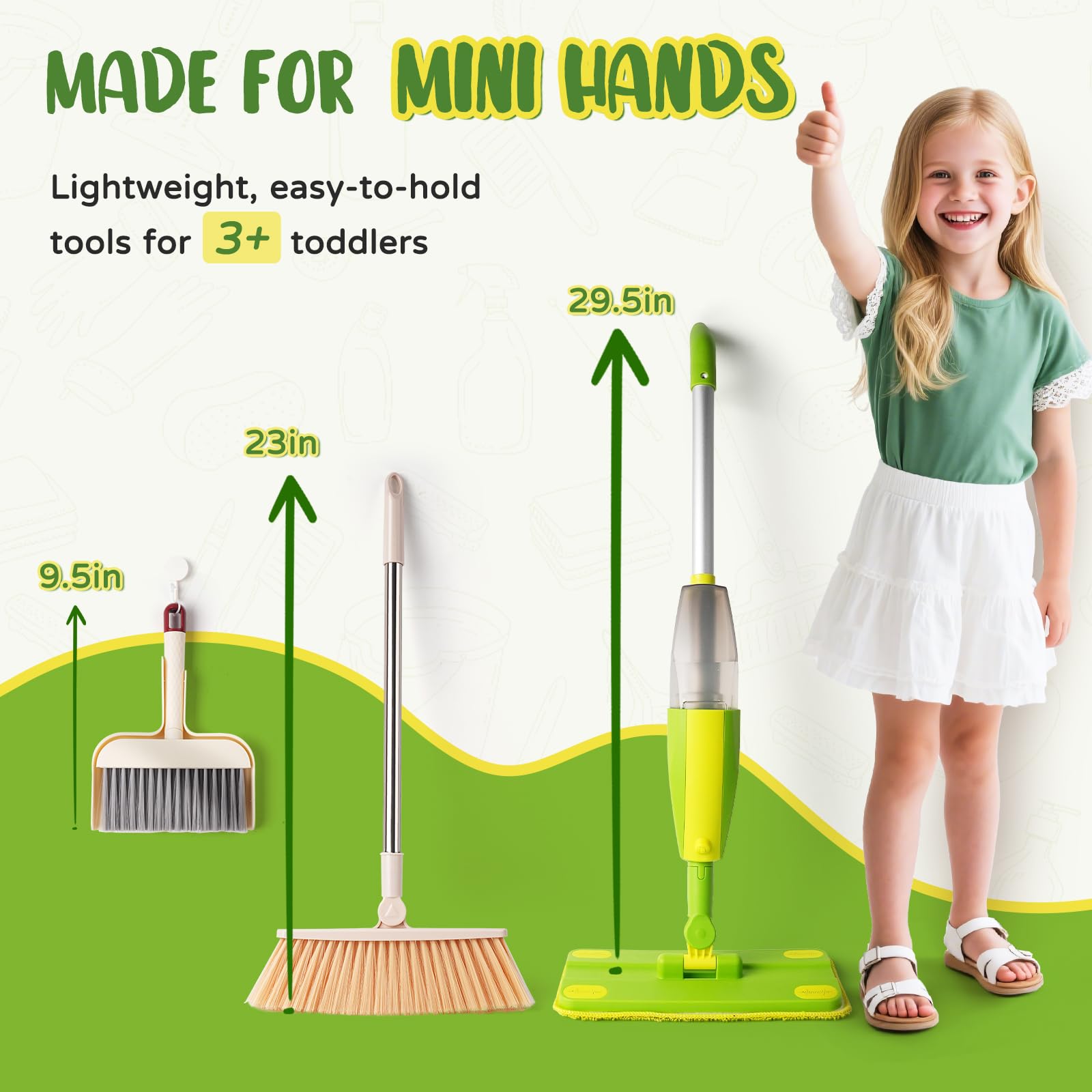 Kit Ménage Enfant Montessori - Balai et Serpillière avec Vaporisateur, Matériaux Adaptés aux Enfants I Jouet d’Imitation de Nettoyage, Set de Nettoyage Réel Adapté aux Enfants dès 3 Ans