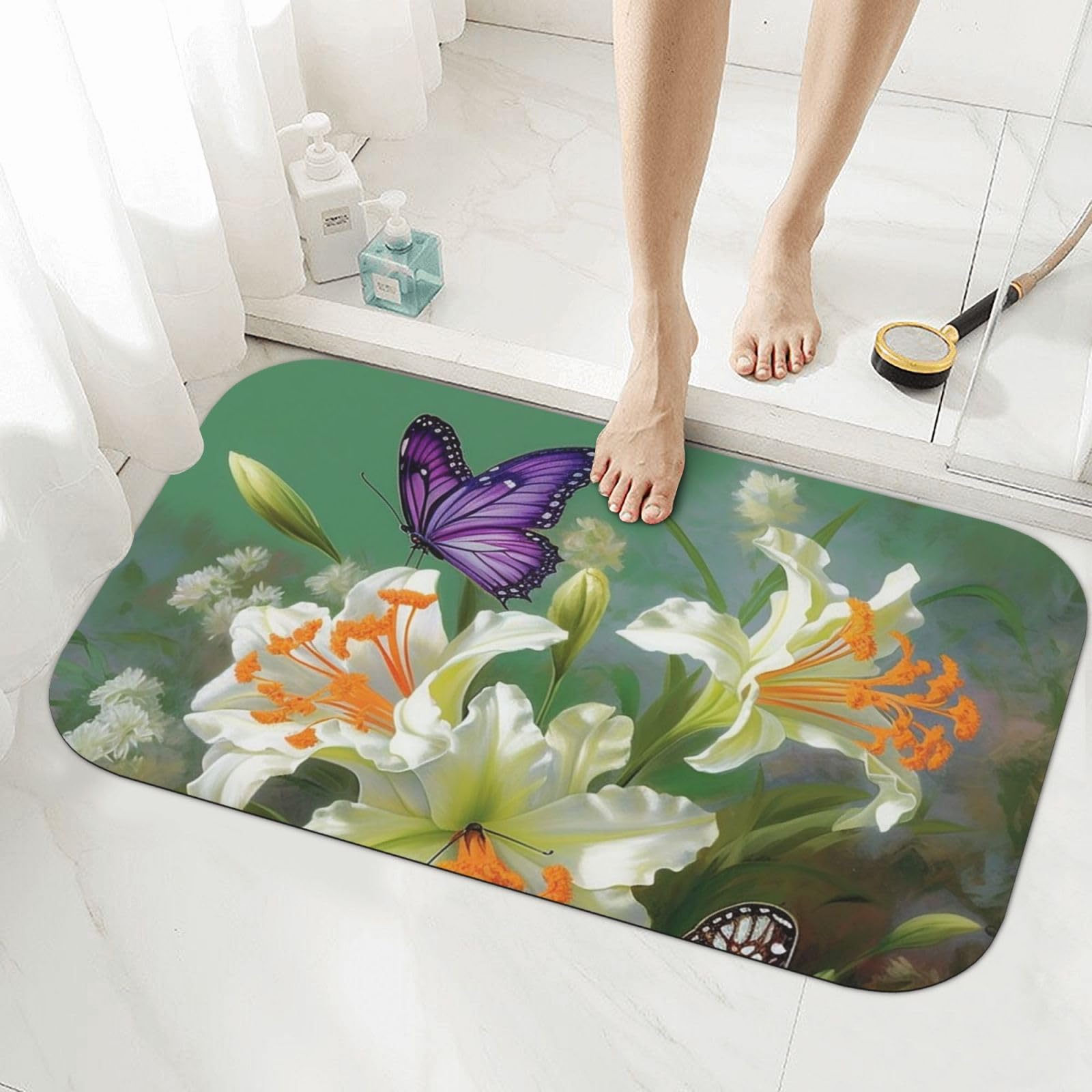Tapis de bain pour douche et baignoire au motif lys