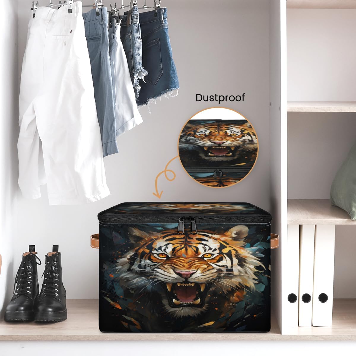Storage Bin Set of 2 Wild Tiger Storage Basket with Zipper Lid & Handle Foldable Closet Shelf 2 Pack Cloth Organizer Basket Cube Bins Clothes Organizer for Bedroom, Nursery
