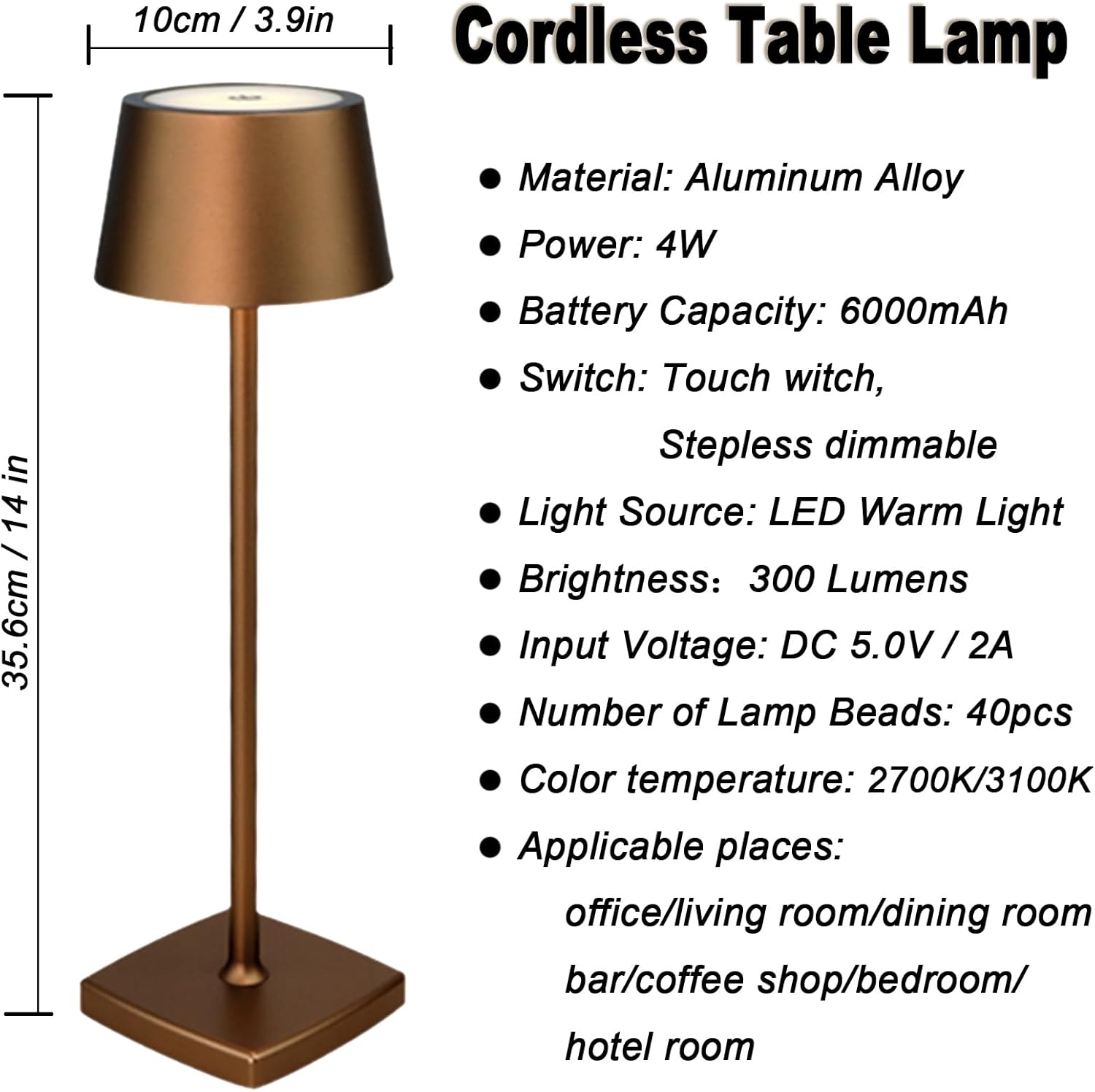Cordless Table Lamps Rechargeable, 6000mAh Battery, IP54 Waterproof, Aluminum Alloy, Touch dimming for Indoor Outdoor Restaurant Buffet Bar Coffee Shop, Brown