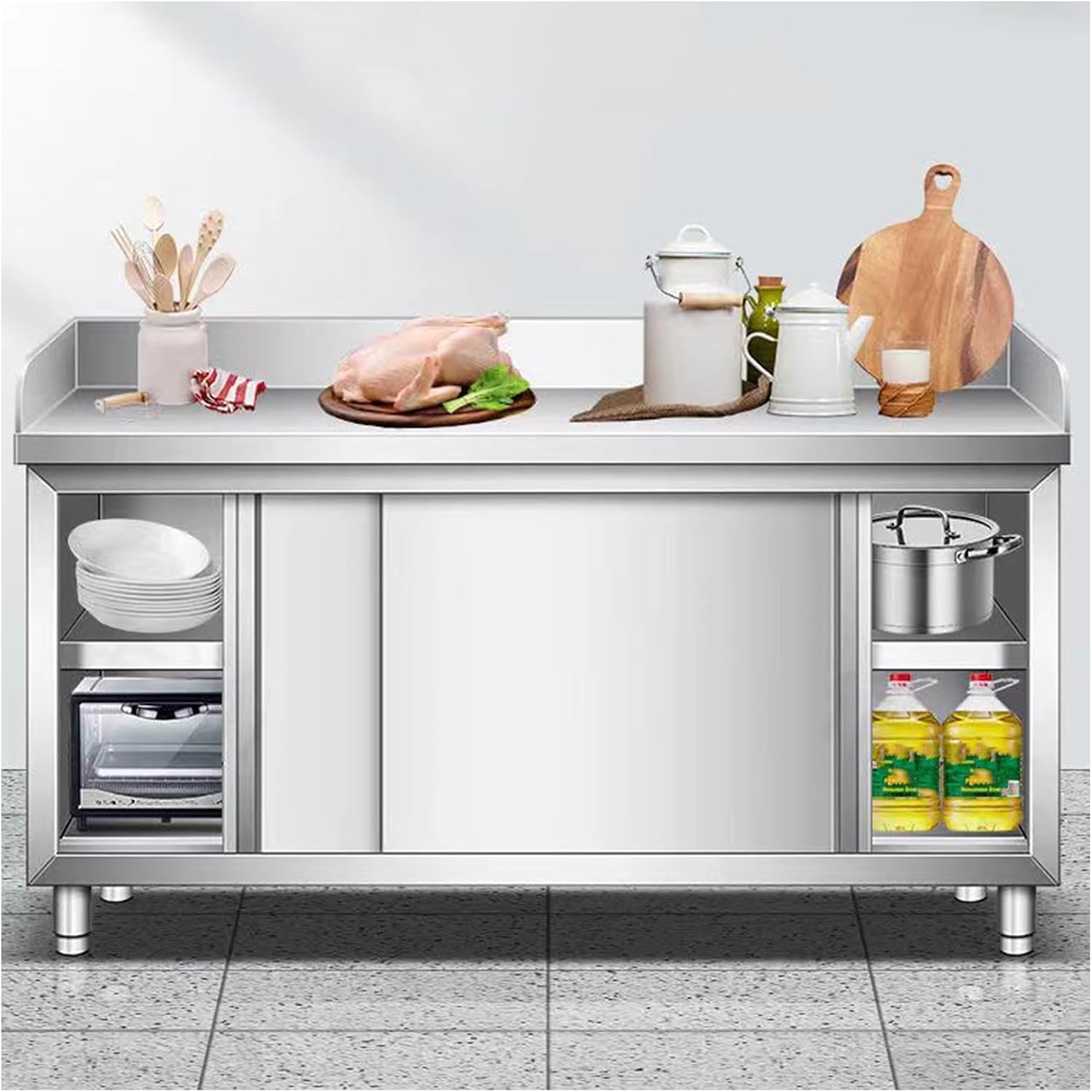 3 Tiers Thickened 304 Stainless Steel Kitchen Cabinet Work Table Three Sides Raised Baffle Sliding Door Design Raised Floor Feet Design