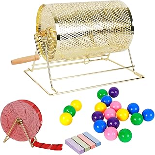 Rocomoco 11 Inch x 8 Inch Raffle Drum, Brass Plated Raffle Ticket Drum Spinning Cage with Wooden Turning Handle Holds 2500 Ticket Raffle Drawing Ticket Drum Spinning Lottery for Games Lottery