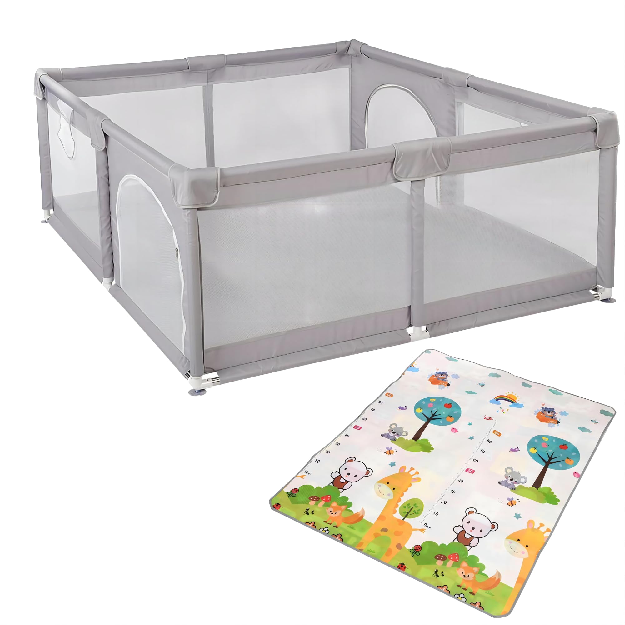 Parc Bebe Modulable 180 x 150 x 66 cm en Tissu Oxford, Parc Enfant avec Barrières, 2 Anneaux de Préhension, 8 Ventouses et Tapis de Jeux, Parcs de Jeux Bébé Intérieur/Extérieur (Gris clair)