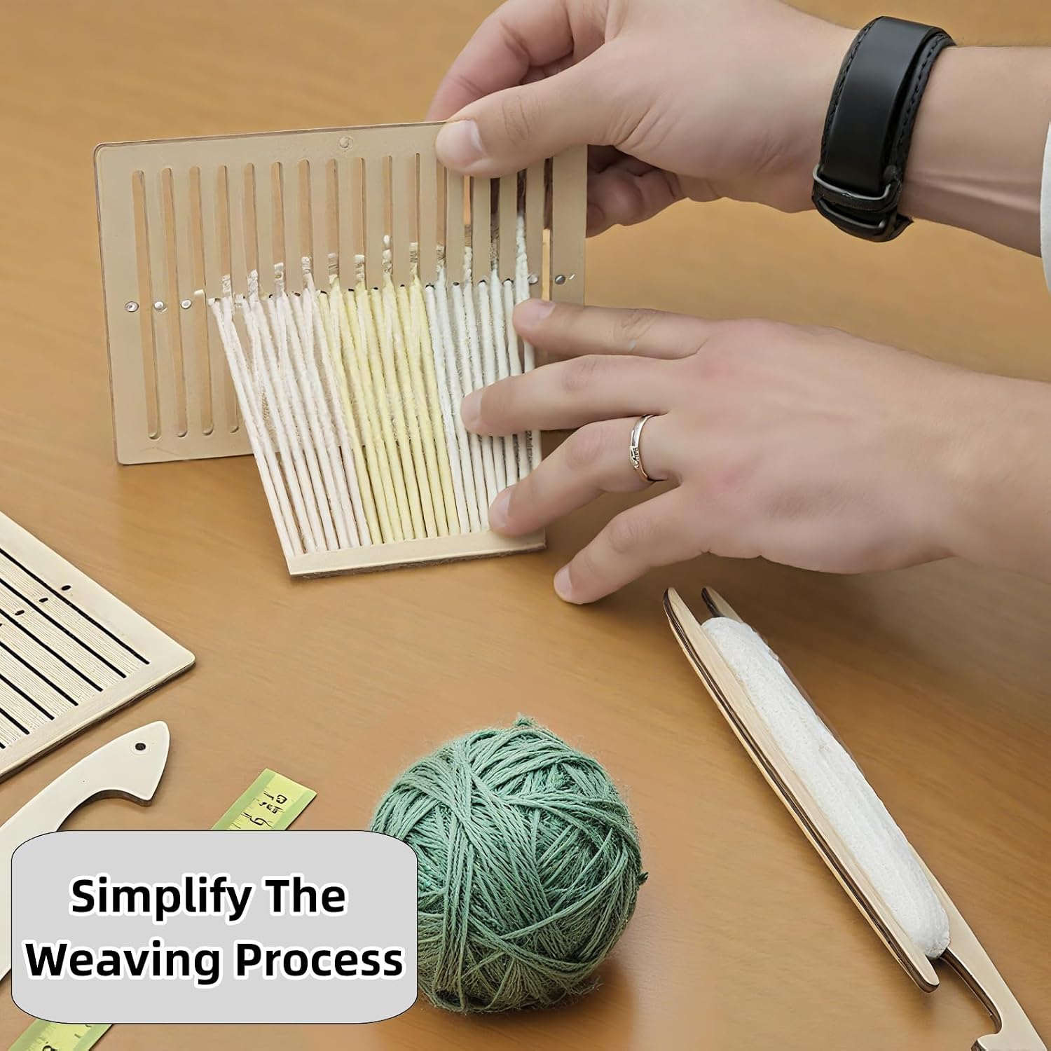 Fuzdaycu Rigid Heddle Loom Kit 4 Pcs Wood Weaving Shuttles and Accessories for Adult Beginner Quick Weave Starter Set for Bracelet Bag Belt and Camera Strap