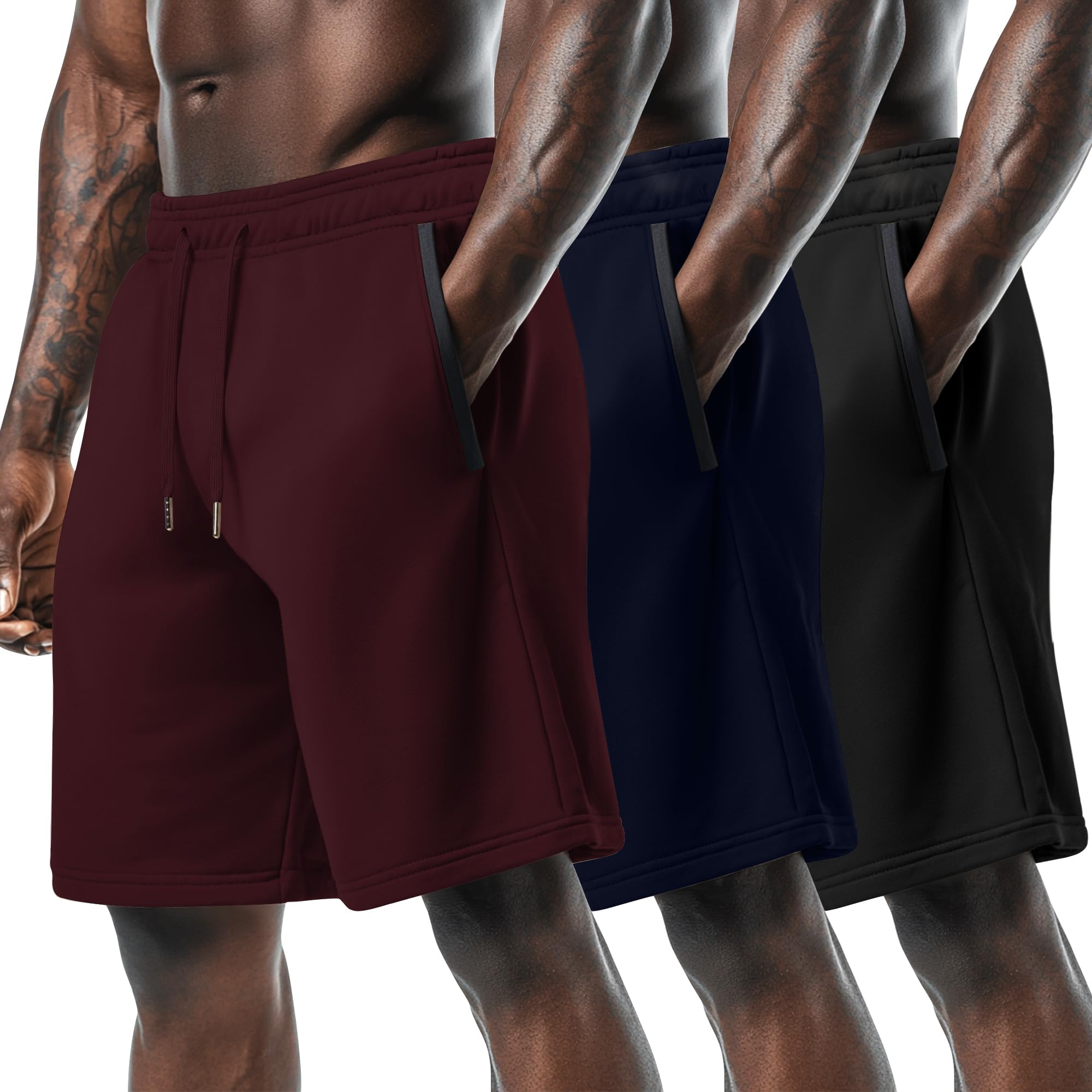 Photo 1 of [Only 2] Ficerd 3 Pack Men's Athletic Shorts with Zipper Pockets 9‘’ Casual Running Gym Workout Sweat Drawstring Summer Shorts(Medium,Wine Red, Navy Blue, Black)