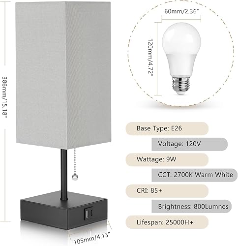 Miniatura 9 de GGOYING Lámpara de mesita de noche, lámpara de dormitorio con cadena de tracción con puertos de carga USB C+A, bombilla LED de 2700 K, pantalla de