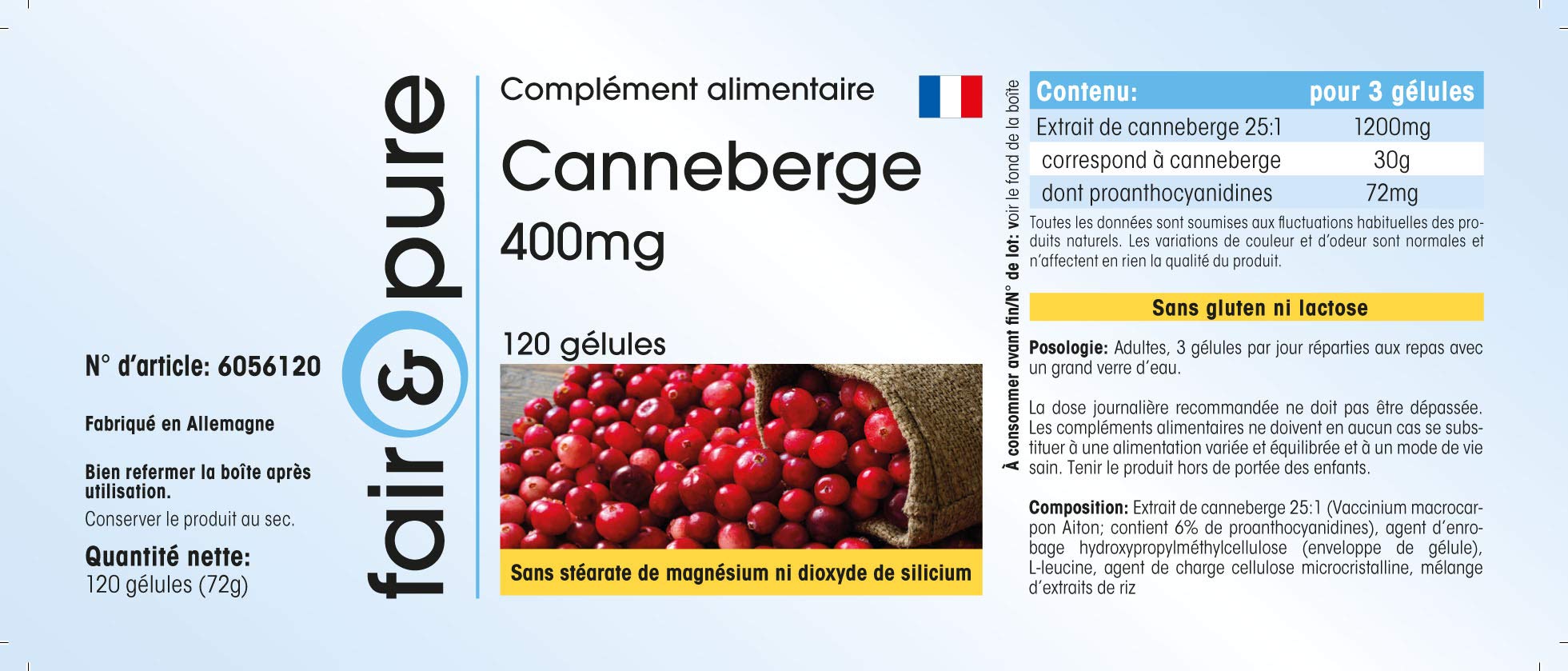 Fair & Pure ® Estratto di Mirtillo rosso 400mg - Estratto di Cranberry 30.000 mg (30g) - Vegan - 120 Capsule