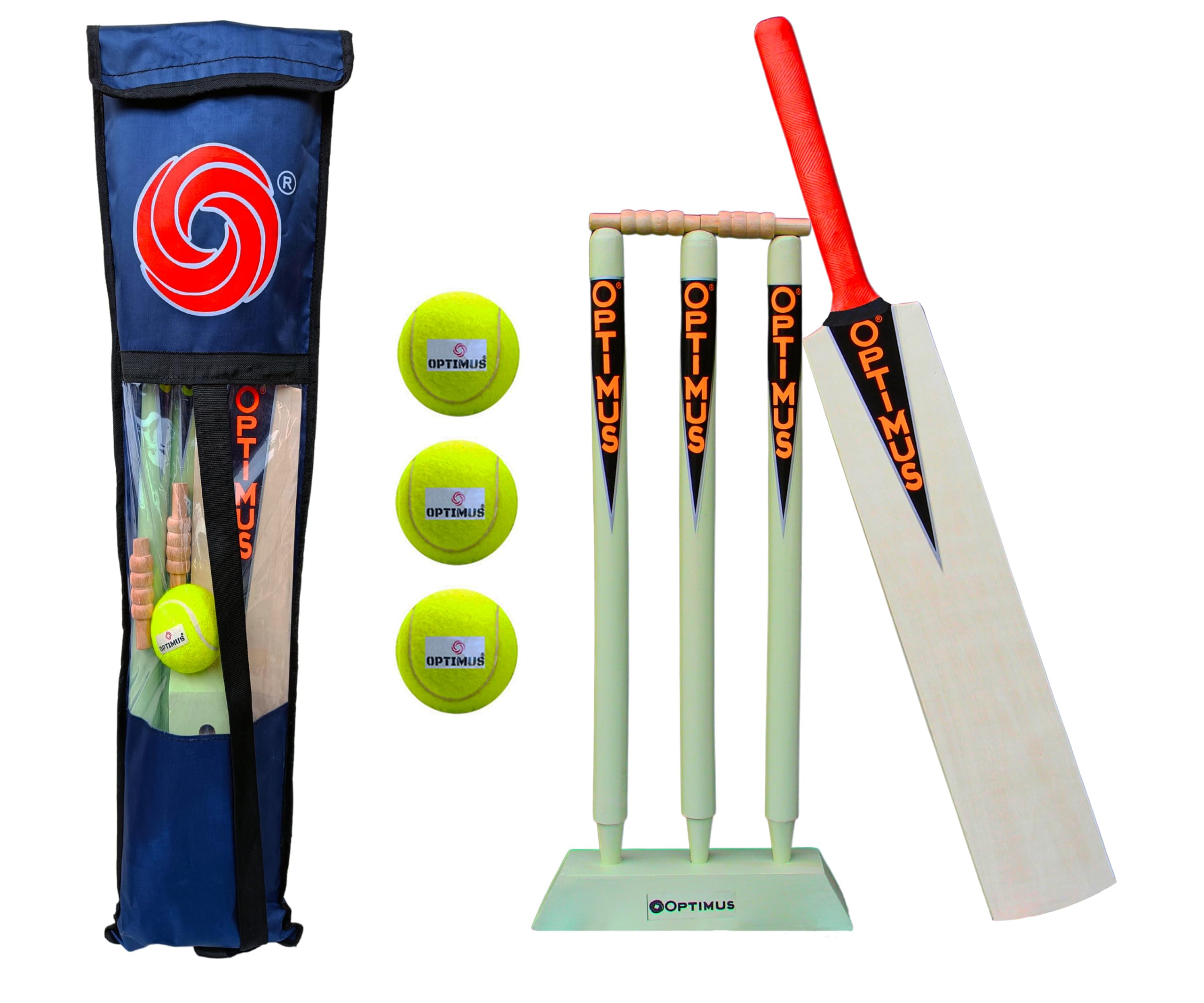 Optimus® Cricket Wooden Kit Combo Set for Kids in Heavy Tetron Cover - Size 5 for 11-12 Year Kids (1 Bat, 3 Tennis Rubber Ball, 3 Wickets, 1 Wicket Base, 2 Bails & 1 Kit Cover) 12D-image-10