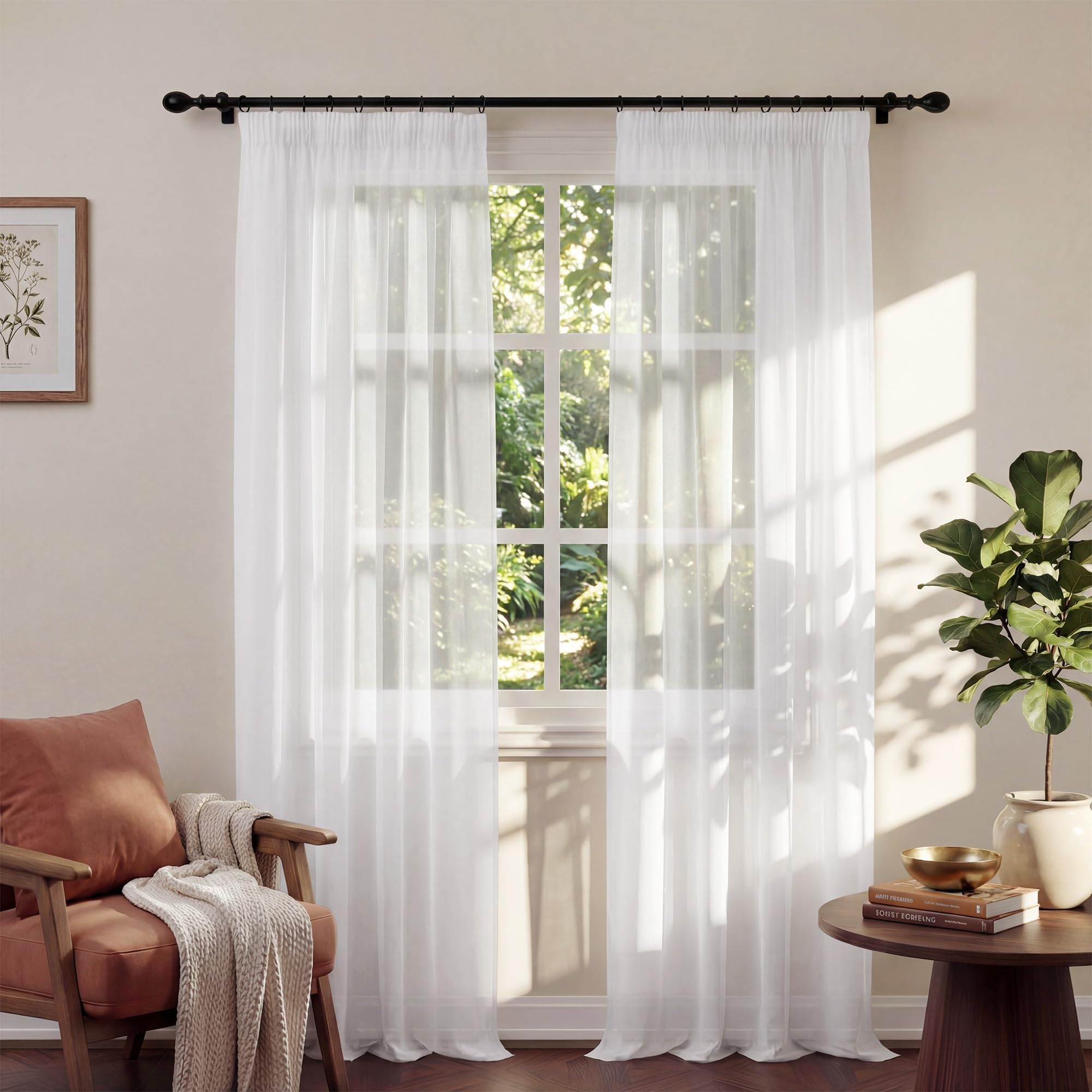 PONY DANCE Extra Long Net Curtains 55x102 inches - Pencil Pleat White Voile Curtains for Bedroom/Living Room, Triple Drawstring Lightweight Panels for Light Filtering & Privacy, Set of 2, White