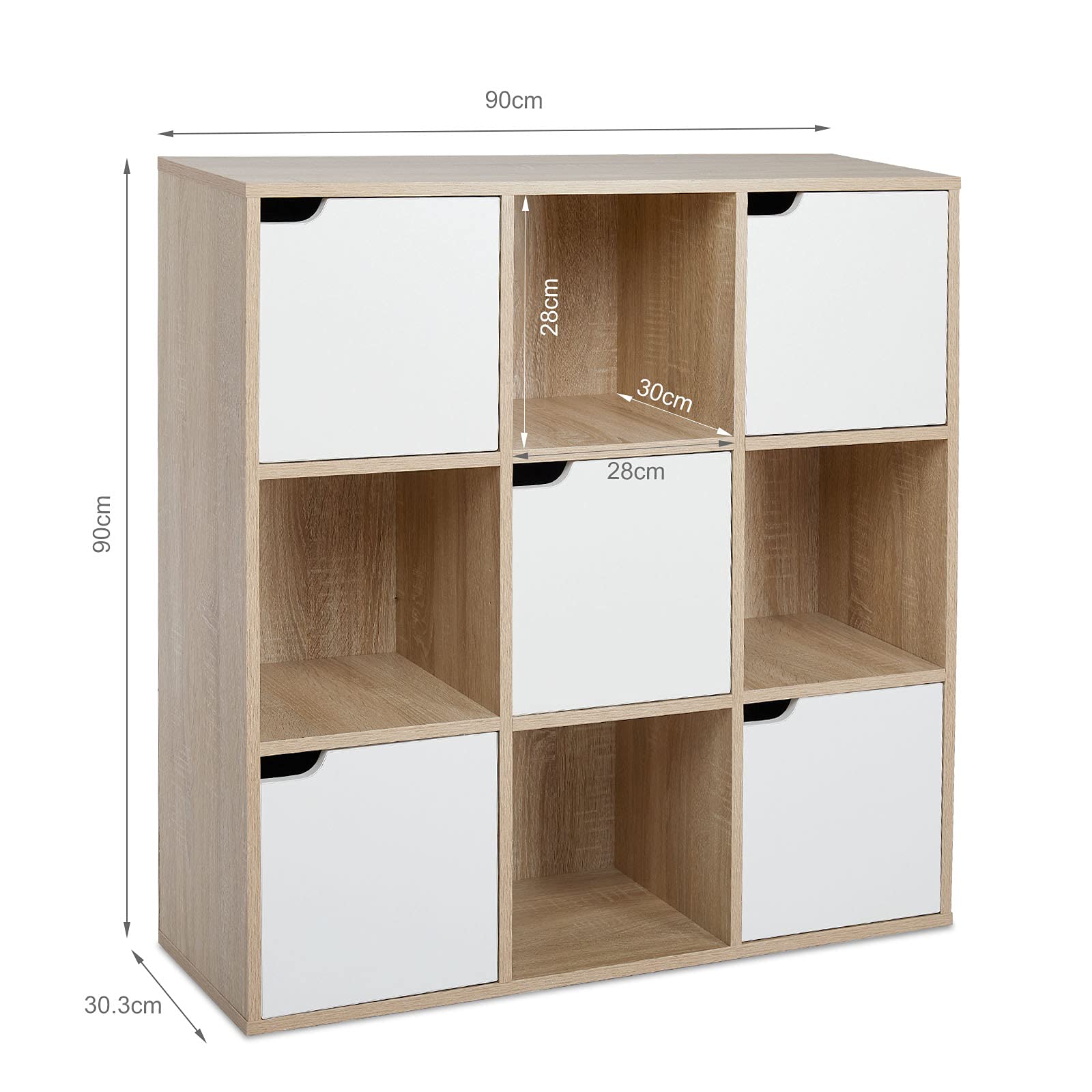 Meerveil Bücherschrank, Bücherregal, Aufbewahrungsregal, 9 Fächer mit 5 Türen, moderner Stil, Geeignet für Büro, Arbeitszimmer, Wohnzimmer, Korridor und andere Räume, Eichefarben