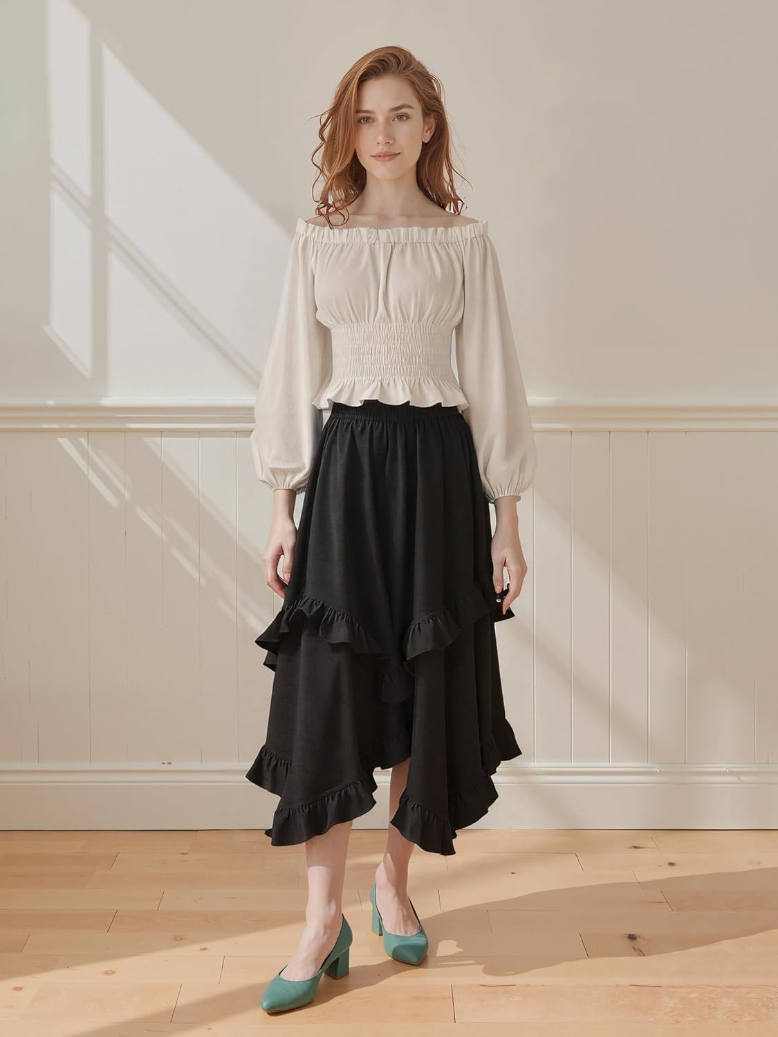 Women Costume Renaissance Peasant Tops Pirate Corset Blouse Off Shoulder Shirt - Image 4