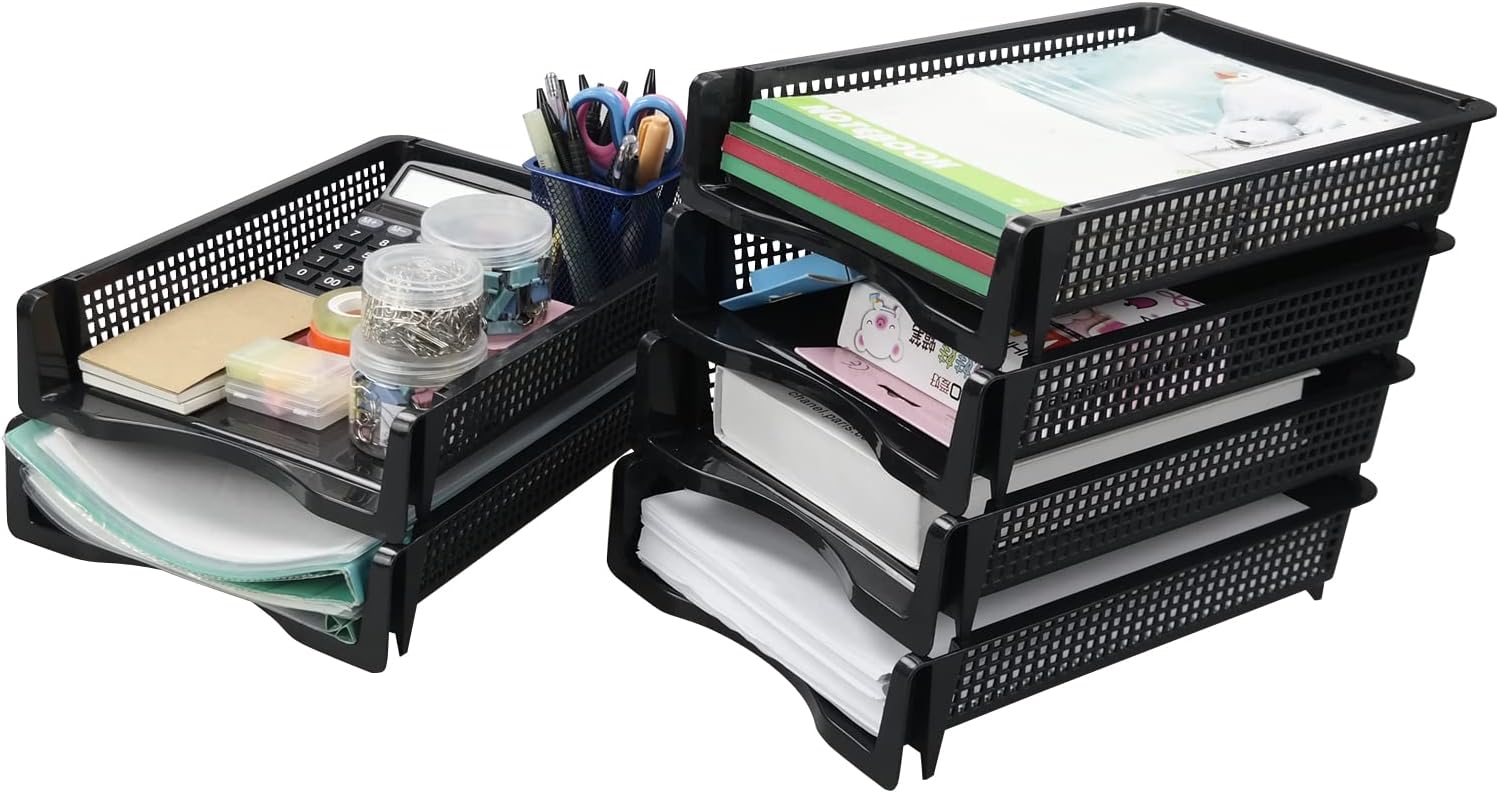 6-Tier Stackable Office Paper Tray, Plastic Stackable Letter Tray, Black