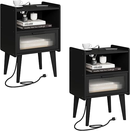 Miniatura 8 de Mesita de noche con estación de carga, juego de 2 mesitas de noche, mesa auxiliar con 2 niveles de espacio de almacenamiento, para dormitorio, sala