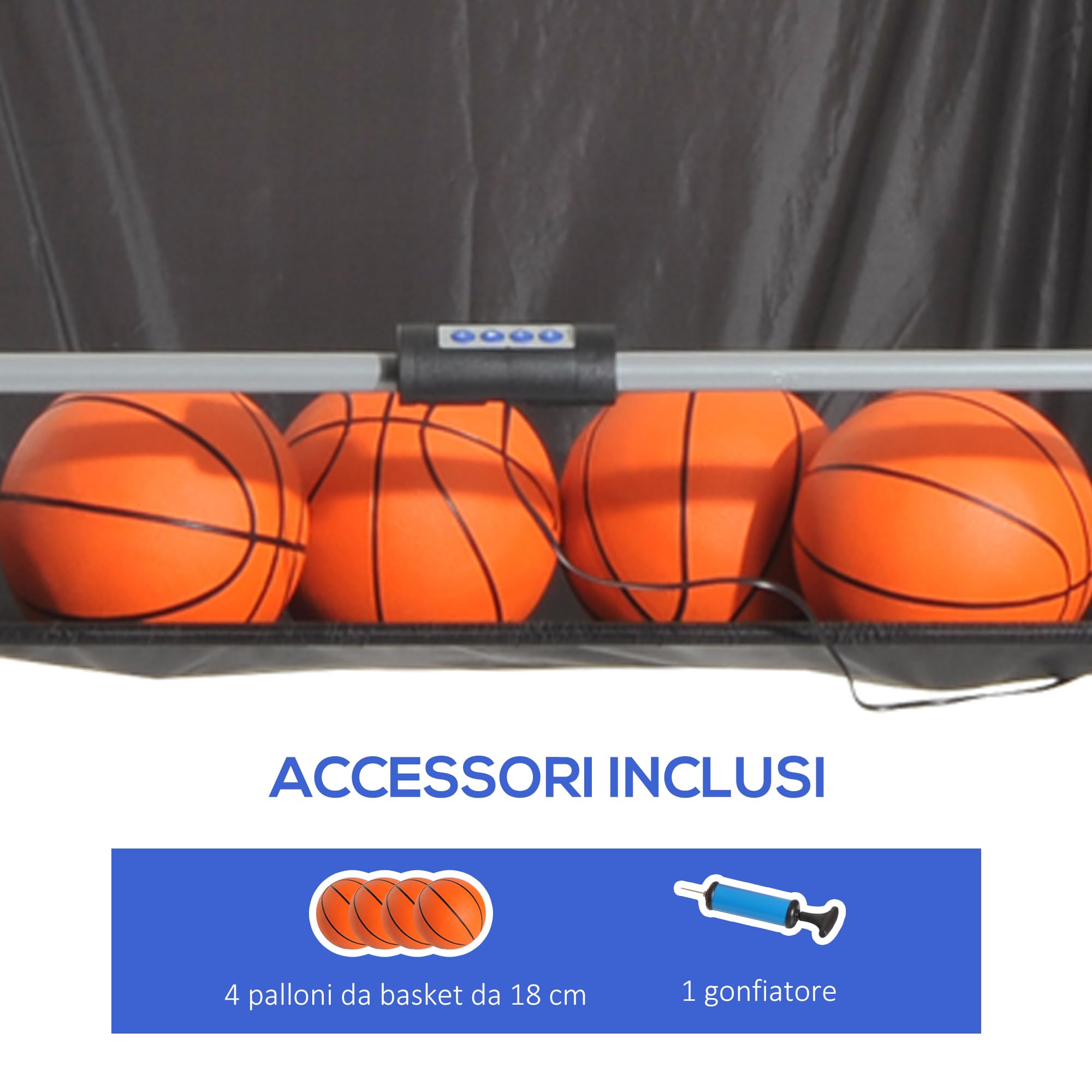 HOMCOM Canestro Basket con Tabellone LED, Pompa, 2 Canestri, 4 Palloni e 8 modalità di Gioco, Macchina da Pallacanestro Elettronica in Acciaio, Tessuto Oxford, MDF, 205x110x205 cm, Bianco e Nero