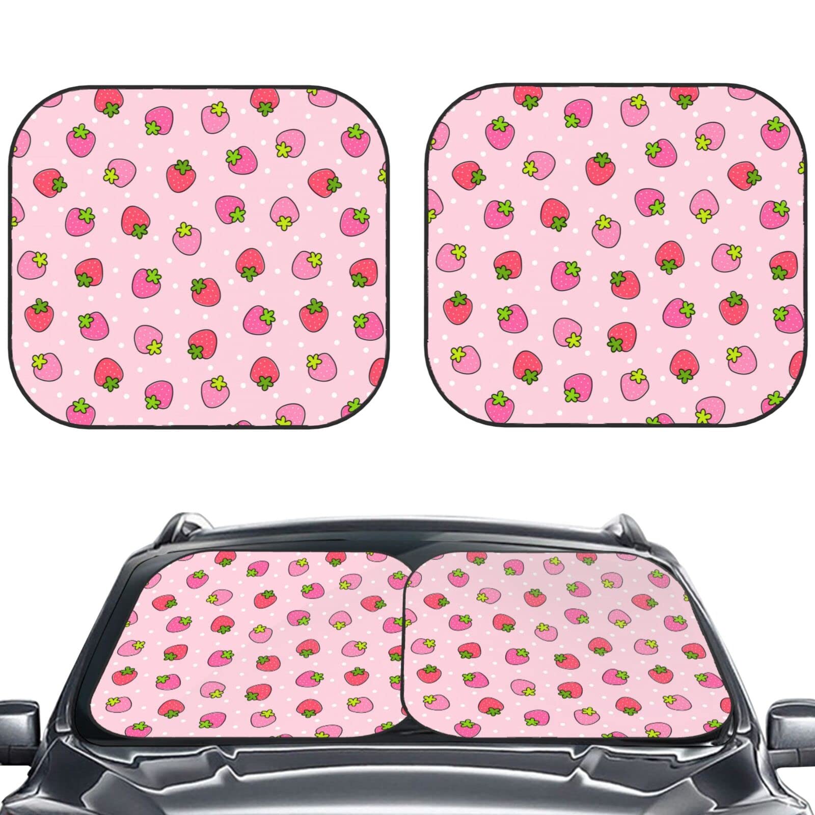 KiuLoam 2 Piece Car Windshield Sun Shade, Cute Strawberry Pink Print Sunshades Sun Visor Protector Blocks UV Rays Foldable Keep Your Vehicle Cool for Most Sedans SUV Truck, Medium