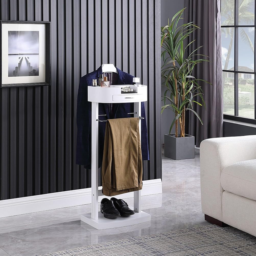 Multifunctional Valet Stand Solid Wood Floor Standing Clothes Hanger with Trousers Rack & Storage Compartment, 43.1x34.2x106.6cm, Stylish White Coat Rack for Suits & Accessories