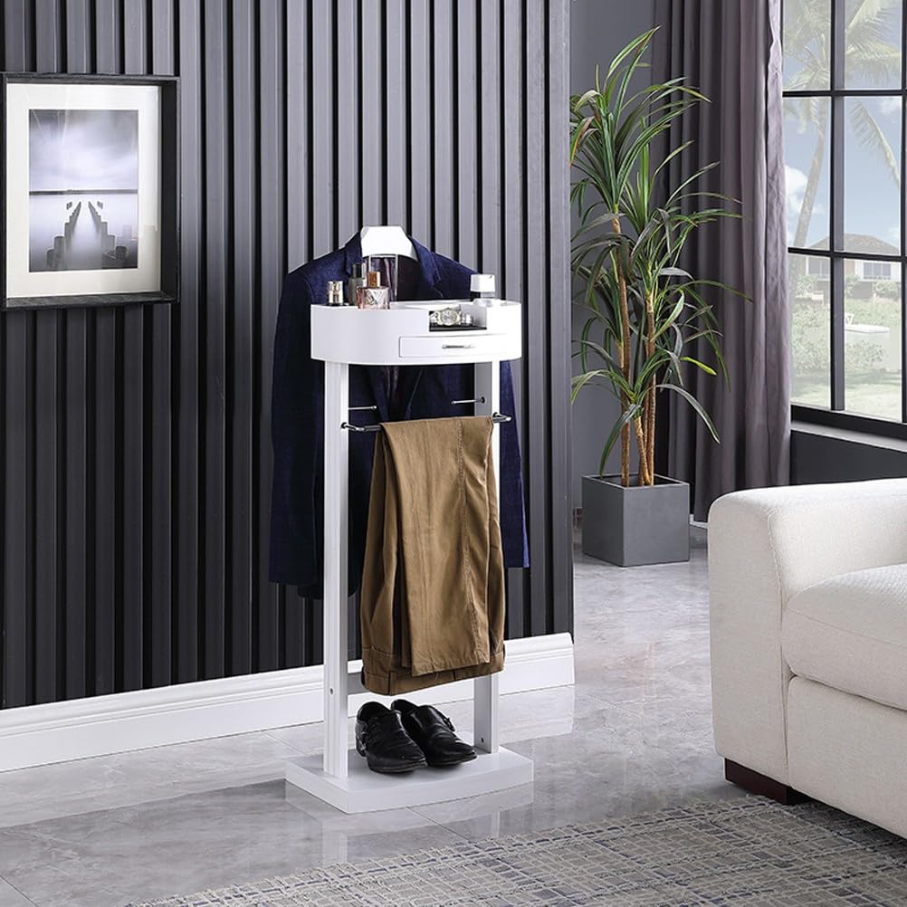 Galan De Noche para Hombre Y Mujer, Multifuncional Perchero De Pie, 43,1 x 34,2 x 106,6 cm, Galan De Noche para Dormitorio con Rejilla para Pantalones Y Almacenamiento, Blanco
