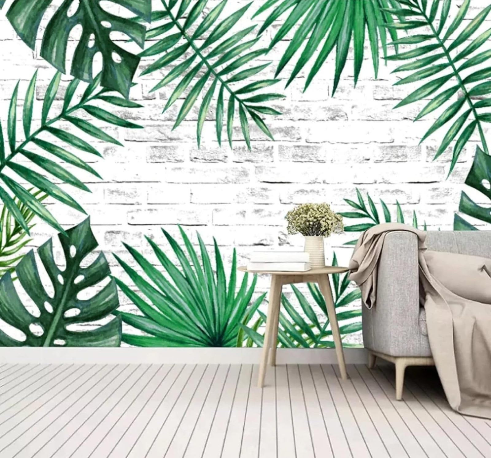 Xlming 300Cm×210Cm(B×H) White Brick Wall Fresh Plants Green Leaves 3D Wallpaper Luxury Silk Study Dining Feature Sofa Grey Bedroom Living Room Tv Decorative Wall-300Cm×210Cm