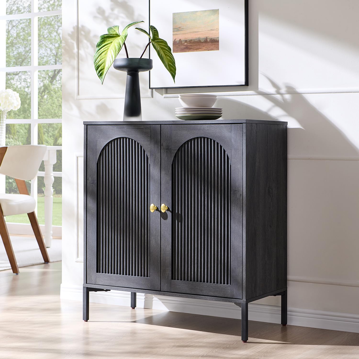 IFGET Modern Buffet Cabinet with Storage, 34" Tall Fluted Arched Sideboard Cabinet w/Adjustable Shelves, Wooden Modular Coffee Bar for Dining Room,