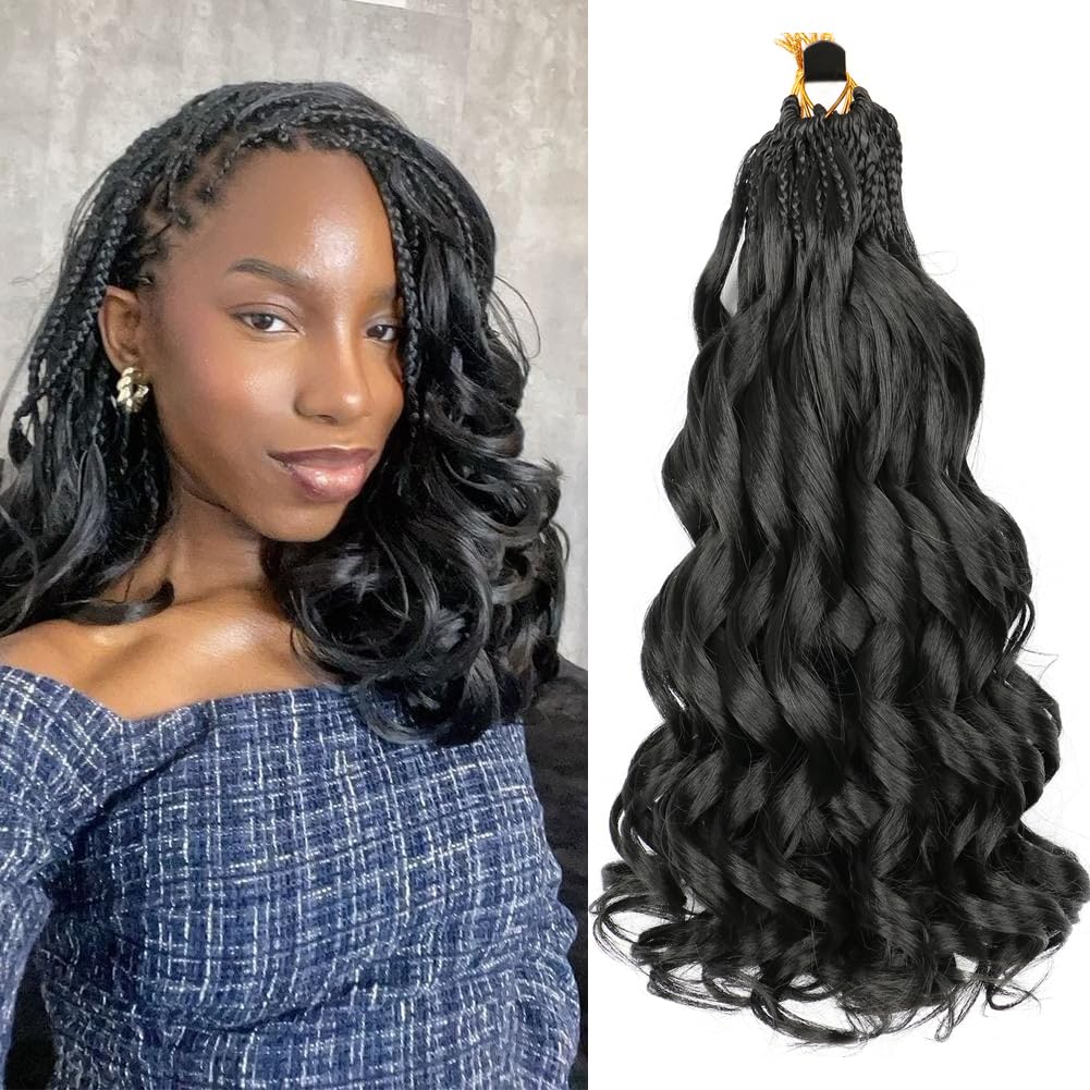 Loose Wave Crochet Hair Pre-Looped French Curl Braiding Hair 7 Packs Bouncy Boho Curly Crochet Braids Goddess Bohemian Box Braids Synthetic Hair Extensions (#1B, 14 Inch (Pack of 7))