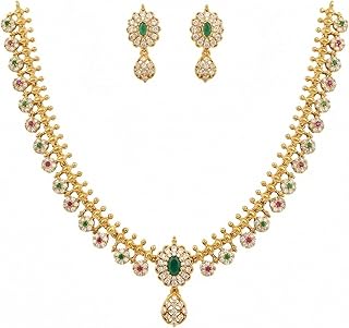 RAZEEAN Gold-Plated Emerald Green Floral Necklace Set with matching earrings, for Women with Red, Green & White American D... Price In India