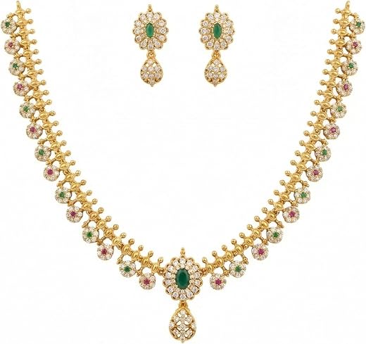 RAZEEAN Gold-Plated Emerald Green Floral Necklace Set with matching earrings, for Women with Red, Green & White American D...