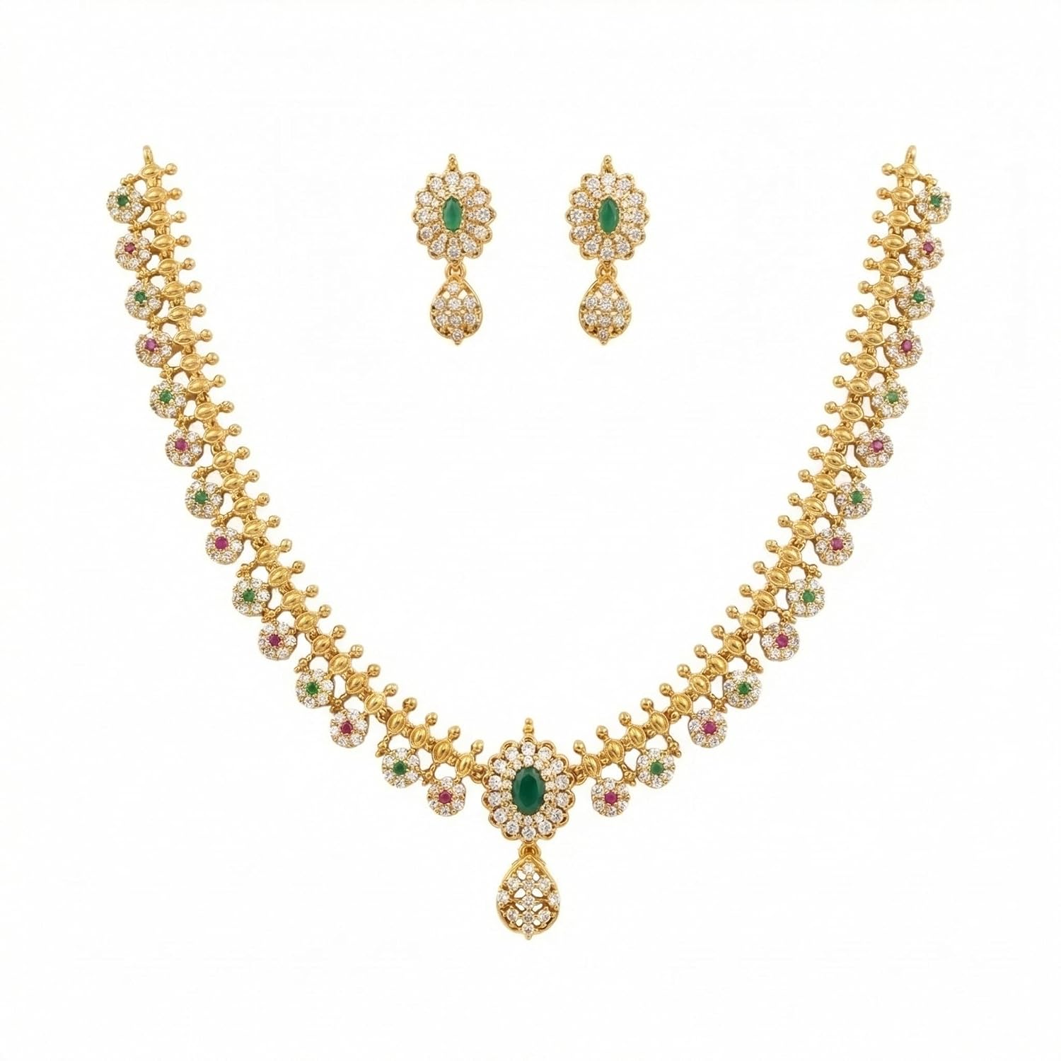 RAZEEAN Gold-Plated Emerald Green Floral Necklace Set with matching earrings, for Women with Red, Green & White American D... - Review, Price and Buying Guide