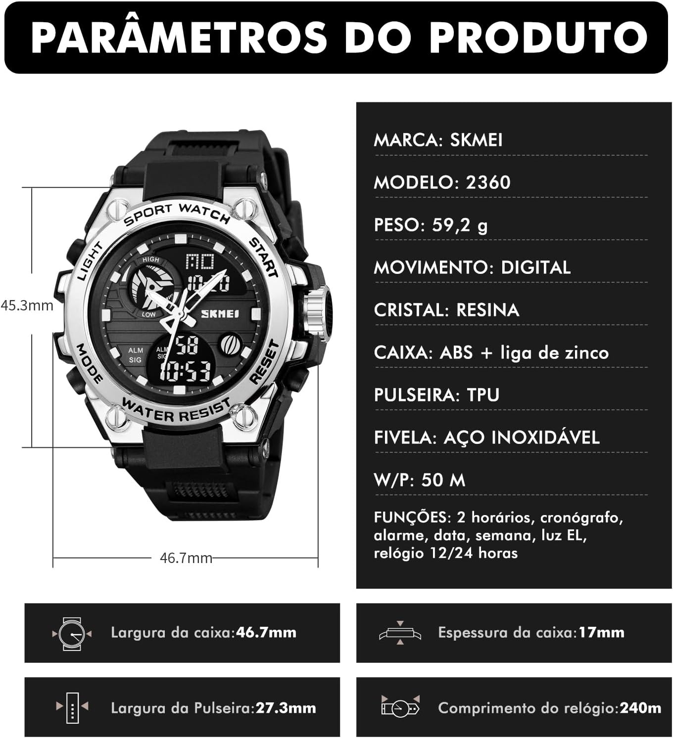 Relógios Digitais Militares Masculinos Quartzo Esportivo À Prova D'água Relógios de Mostrador Grande com Alarme Fuso Horário Duplo Visor Luminoso Relógios Digitais Militares Masculinos Quartzo Esportivo À Prova D'água Relógios de Mostrador Grande com Alarme Fuso Horário Duplo Visor Luminoso