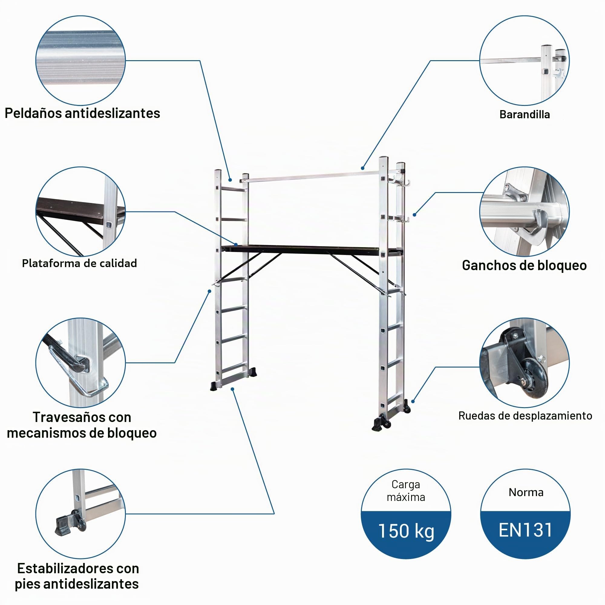 HOSTRÖM Andamio rodante SCAFFOLDAX2X7, andamio de jardín y Plegable multifunción 4 en 1, Escala 2 Planos, H MAX Trabajo 4,74 m, garantía de 5 años.