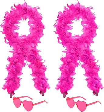2 Pcs Feather Boas with Heart Rimless Sunglasses,4 ft Feather Boa Halloween Christmas Bachelor Party Pack Accessory