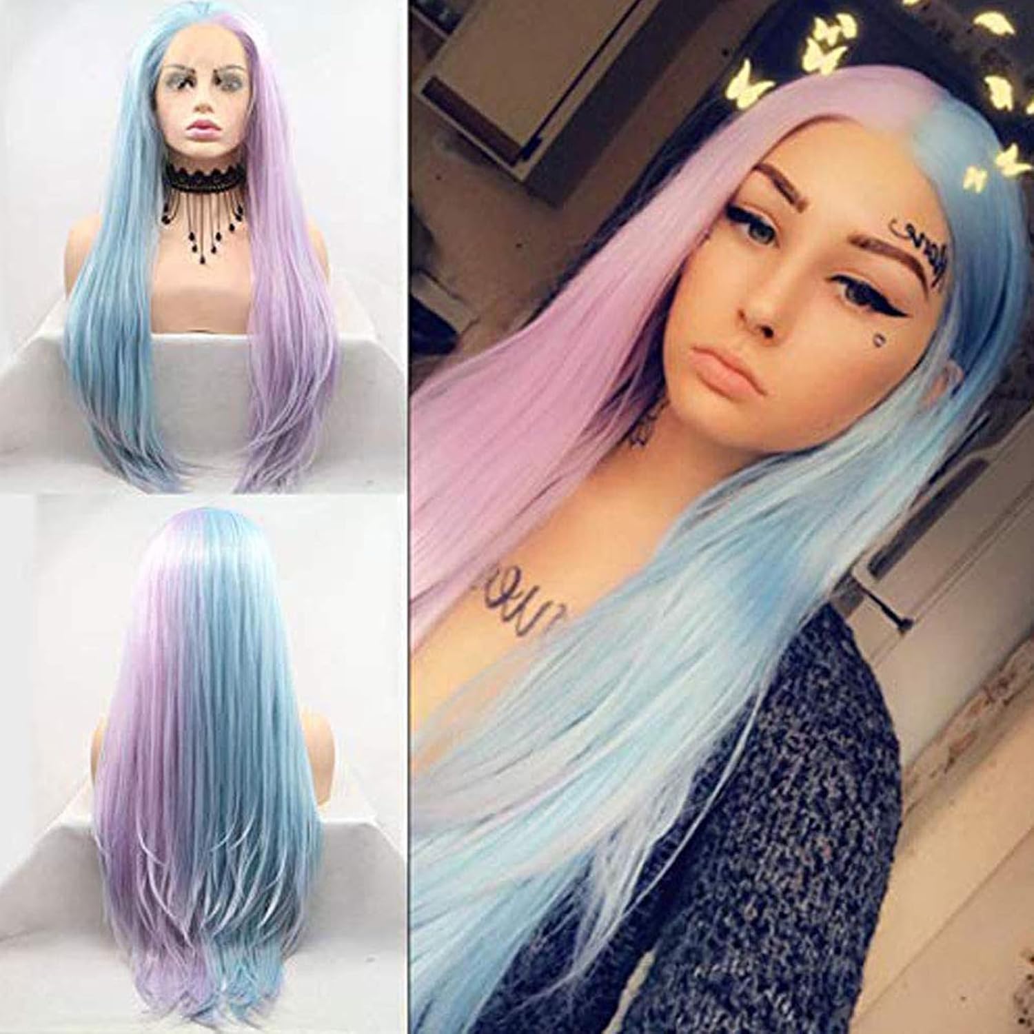 Blue Purple Synthetic Lace Front Wig Long Straight Half Wig Light Purple Blue HD Lace Front Wig Pre Plucked Natural Hairline for Women Heat Resistant Fiber Hair Cosplay Daily Wear Wigs