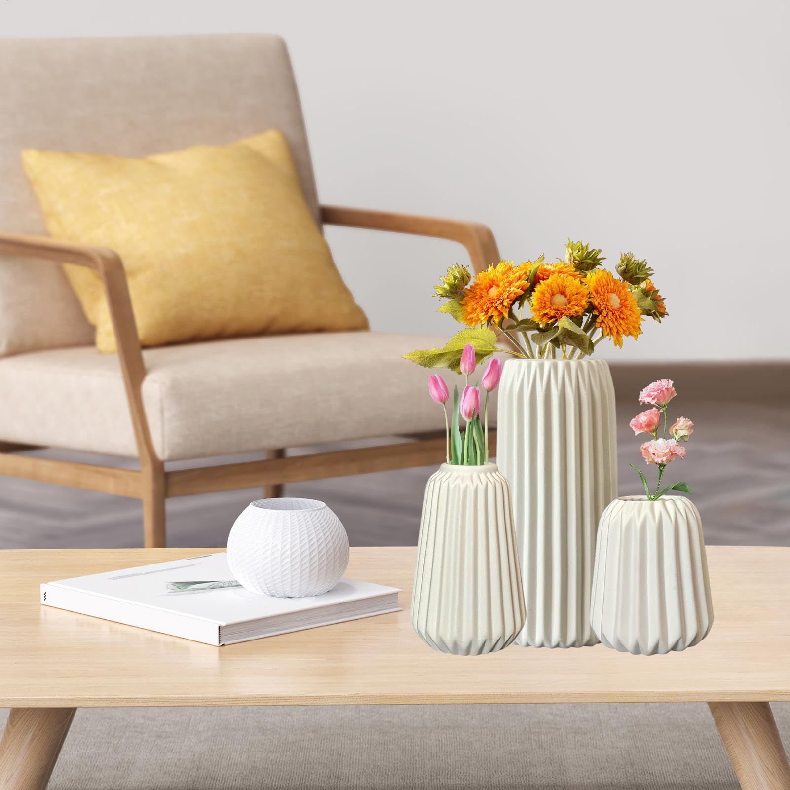 Vasi di fiori in ceramica, vaso in ceramica a costola bianca Set di 3 vasi