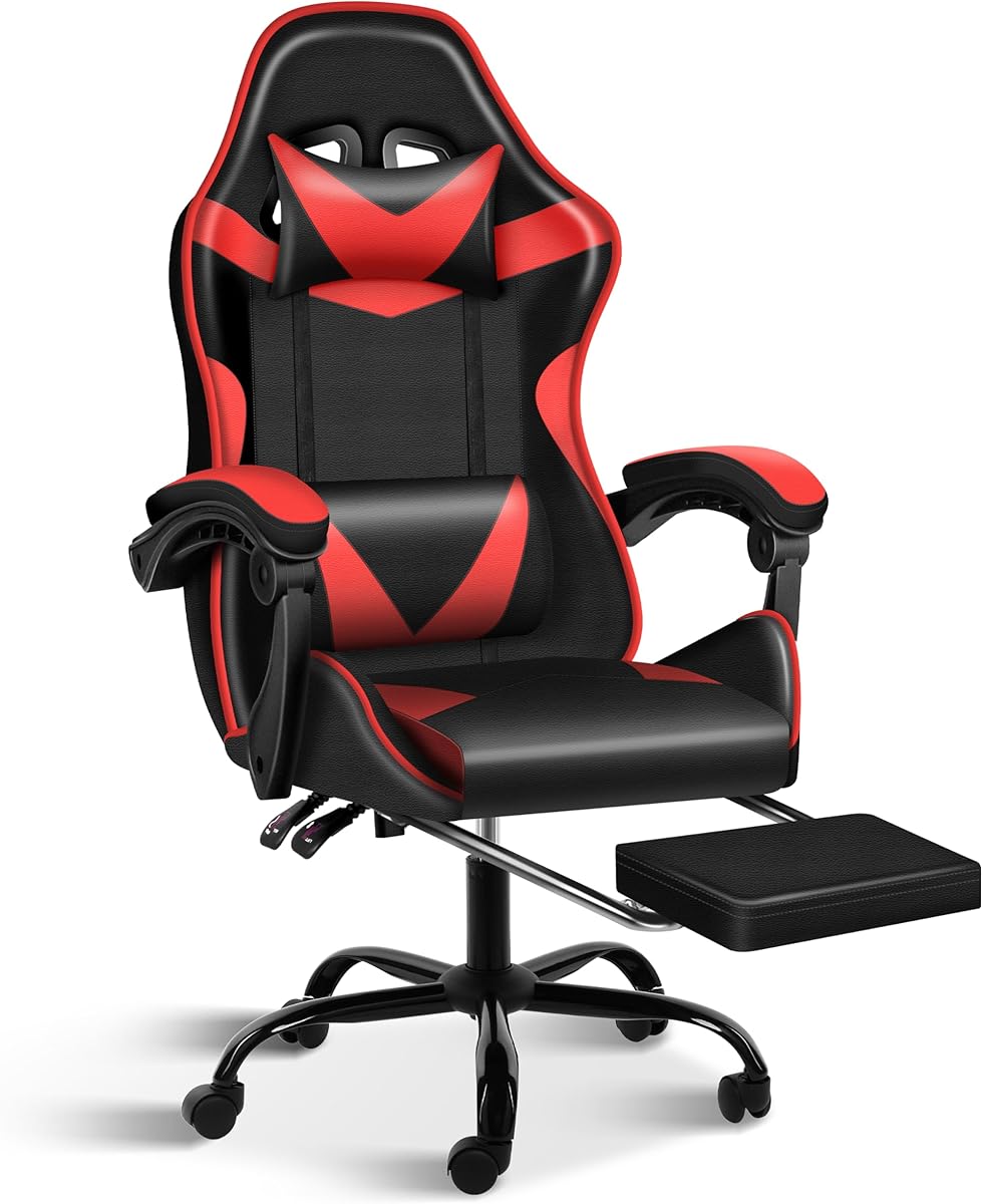 Simple Deluxe Gaming Chair, High Back Office Computer Desk Chair with Adjustable Lumbar Support, Recliner Swivel Video Game Chair with Footrest, Height Adjustable Seat and Backrest, Black/Red