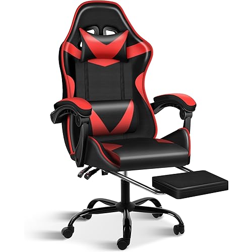 Simple Deluxe Gaming Chair, High Back Office Computer Desk Chair with Adjustable Lumbar Support, Recliner Swivel Video Game Chair with Footrest, Height Adjustable Seat and Backrest, Black/Red