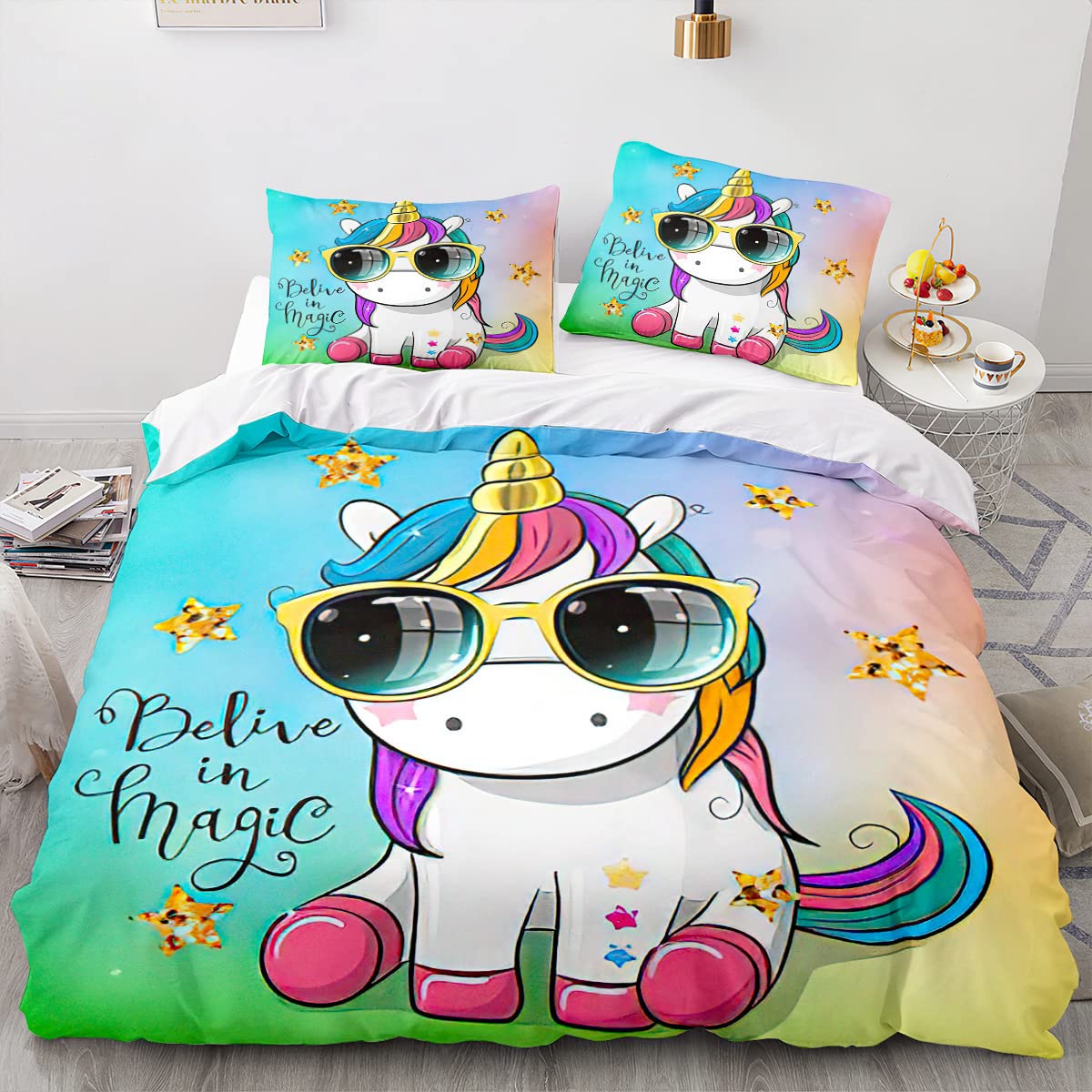 Set Biancheria da Letto 2 Pezzi Copripiumini Ragazza Letto Singolo Motivo Unicorno Microfibra Arcobaleno Fiori Bianco Pegasus Design Copripiumino Bambini con Federa (Nero, 135_x_200_cm