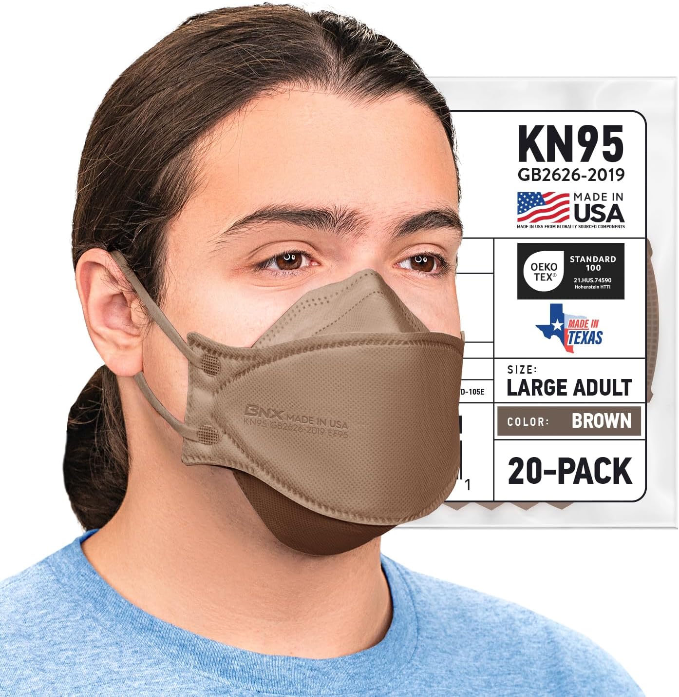 BNX 20-Pack KN95 Face Masks, Disposable Particulate KN95 Mask Made in USA, Tri-Fold Cup/Fish Style