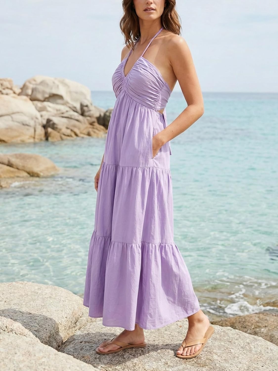 Women's Casual Halter Tiered Vacation Maxi Dress with Pockets
