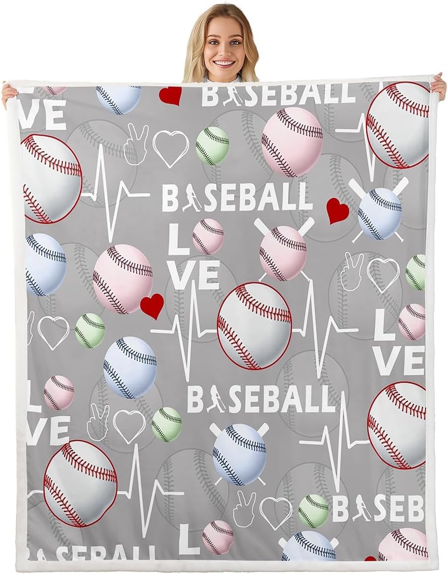 Baseball Fleece Flannel Blanket,Boys Cartoon Ball Graffiti Bed Blanket for Bed Sofa Couch,60"x80"Retro Navy Baseball Texture Bed Plush Blanket,Sport Lover Blanket for Sofa Couch